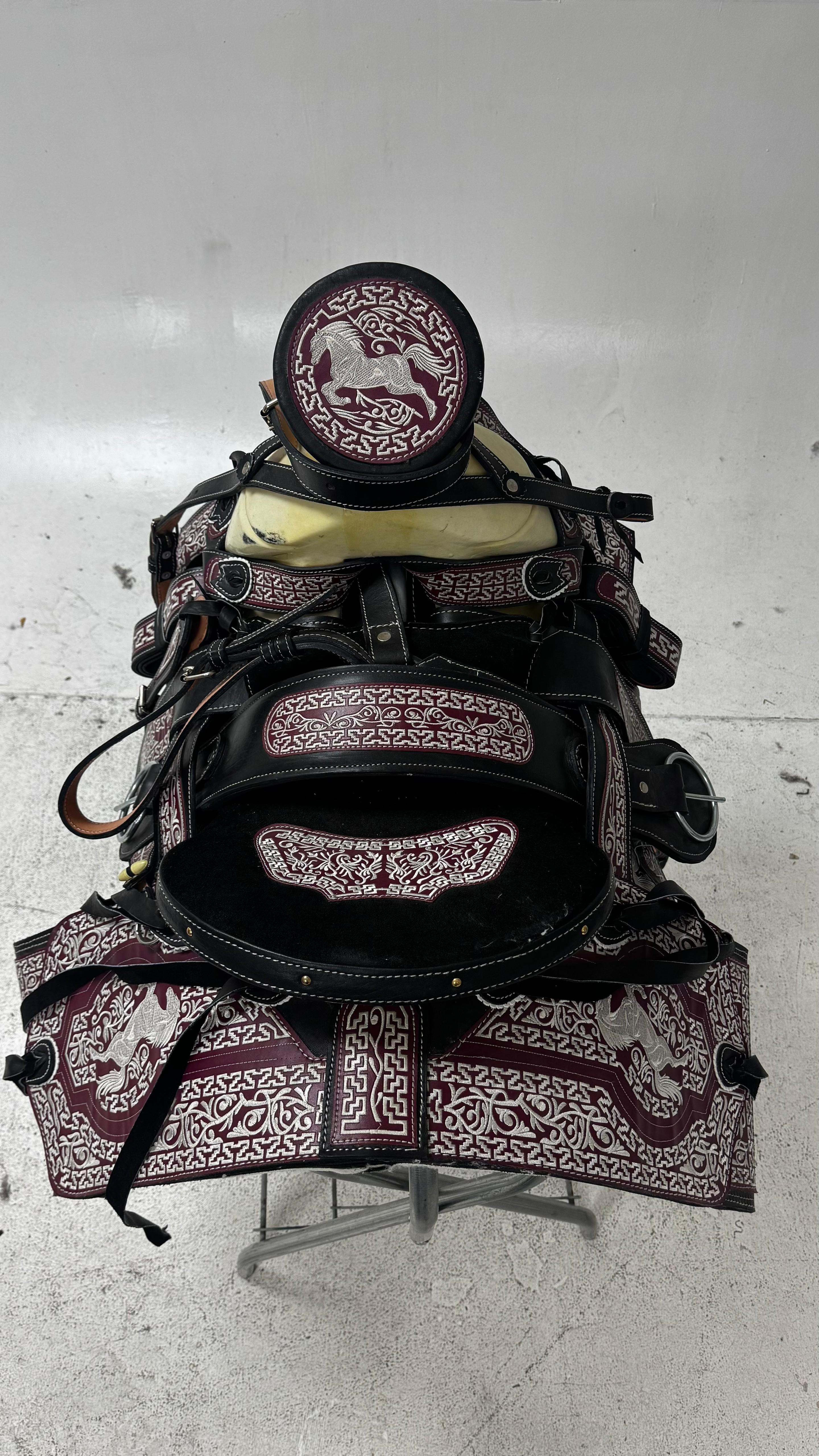 Charro Saddle – Black Leather with Burgundy & White Embroidery (15.5”) “El Potro”