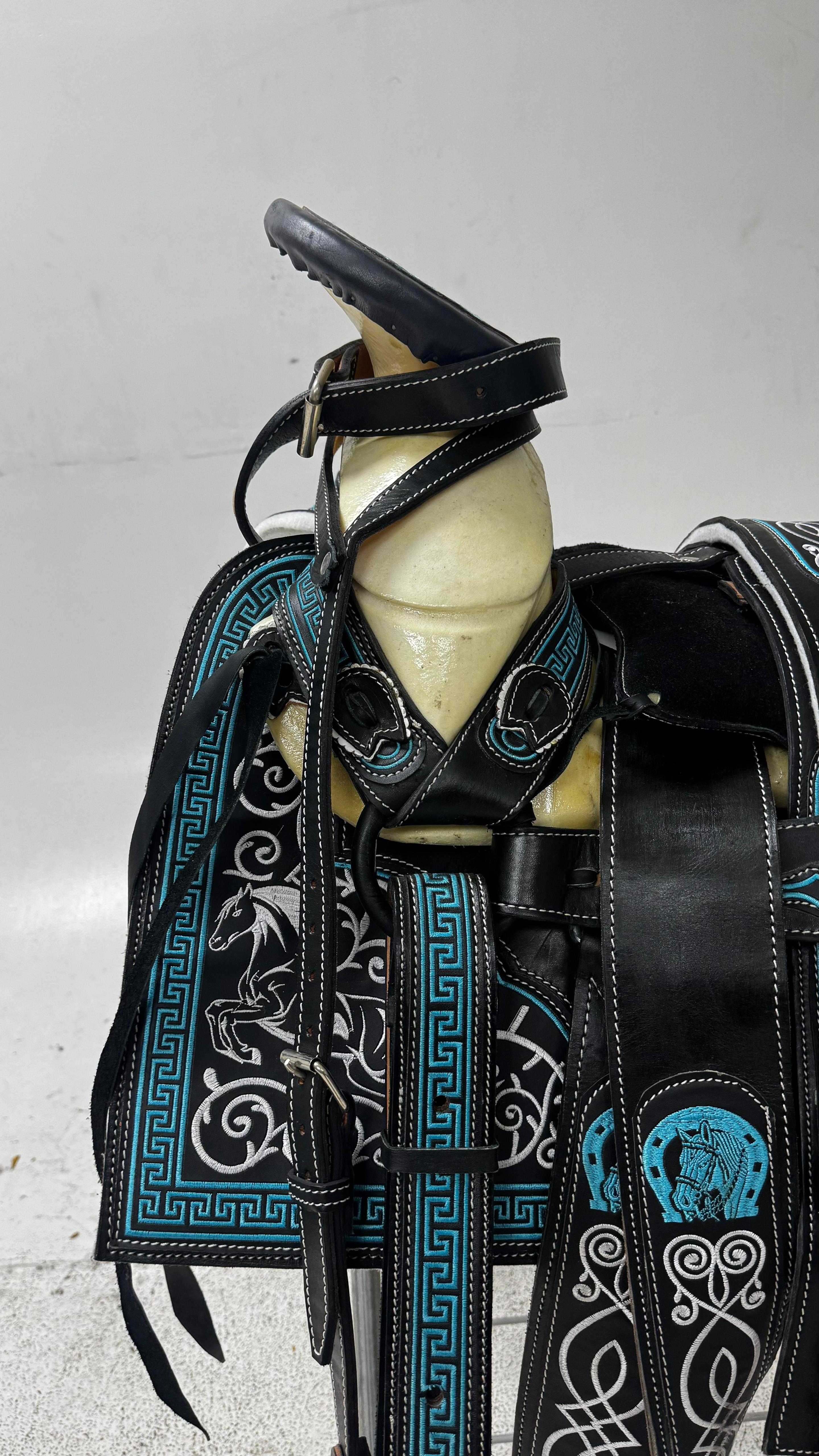 Charro Saddle – Black Leather with Turquoise & Silver Embroidery (15.5”) “El Fénix”