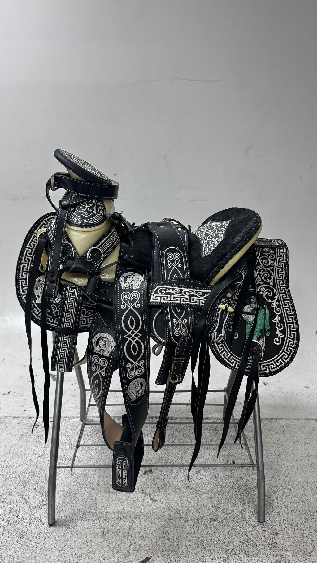 Charro Saddle – Black Leather with Silver Detailing & San Judas Design (15.5”) “El Guerrero”