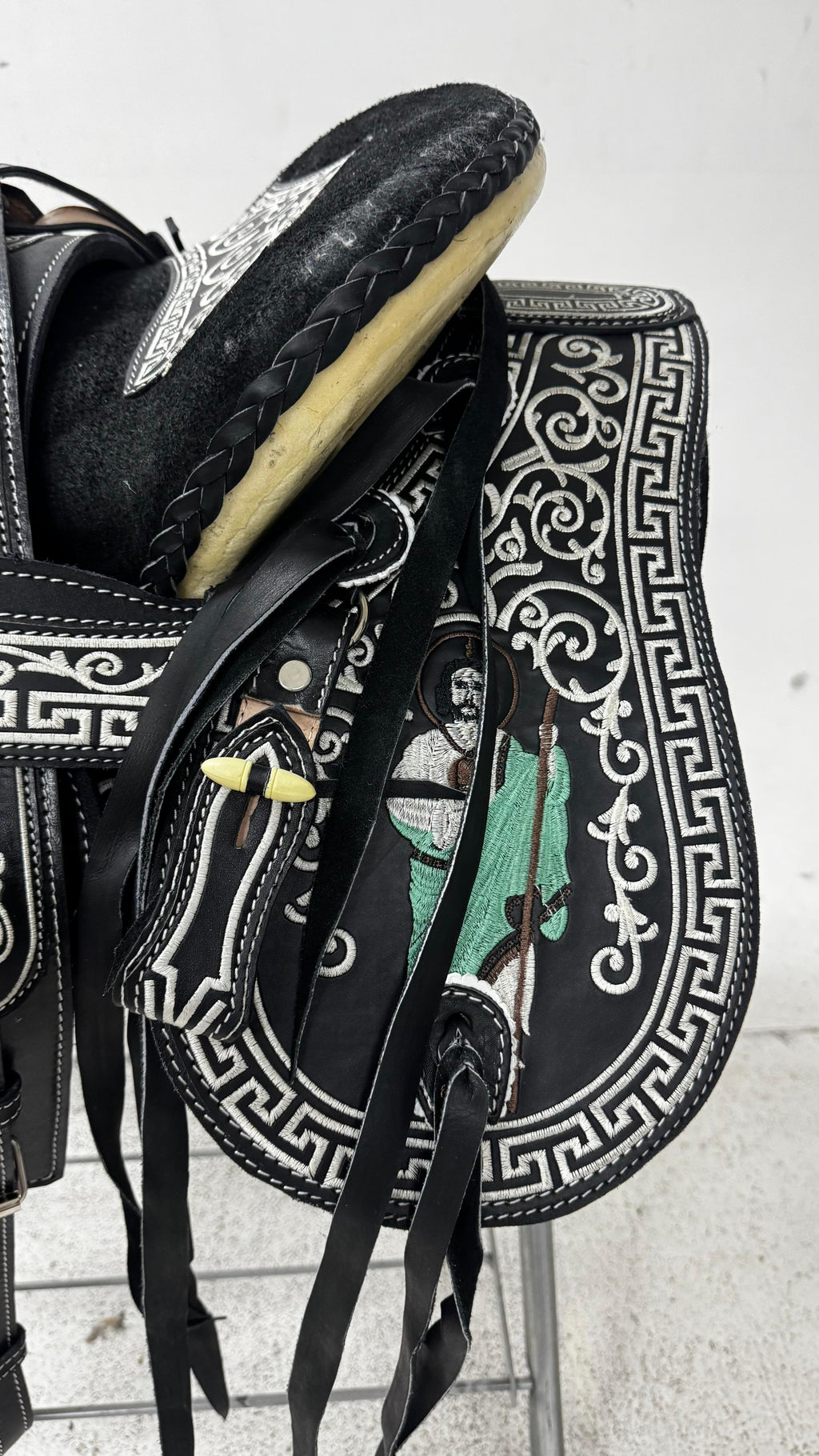 Charro Saddle – Black Leather with Silver Detailing & San Judas Design (15.5”) “El Guerrero”