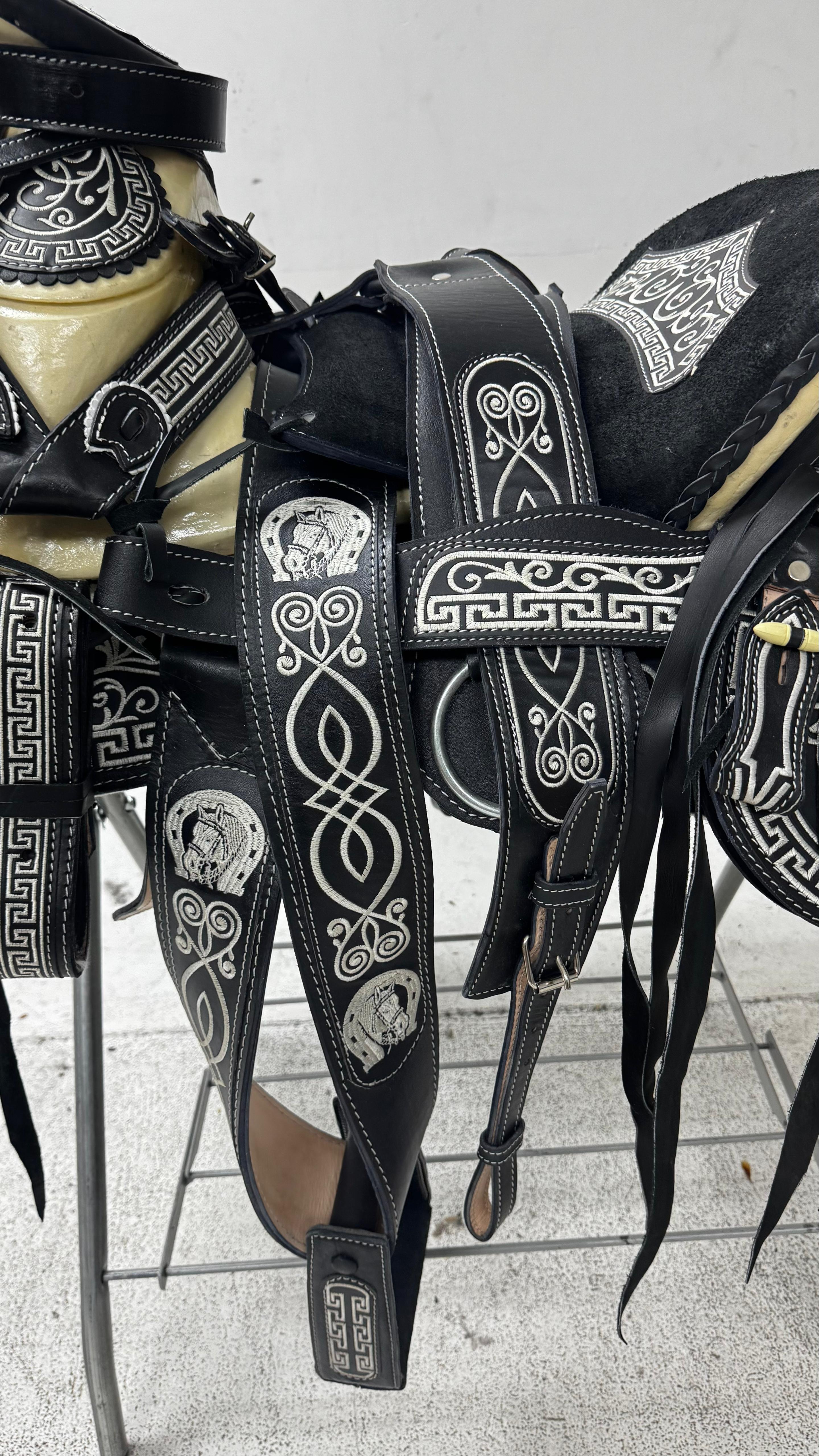 Charro Saddle – Black Leather with Silver Detailing & San Judas Design (15.5”) “El Guerrero”