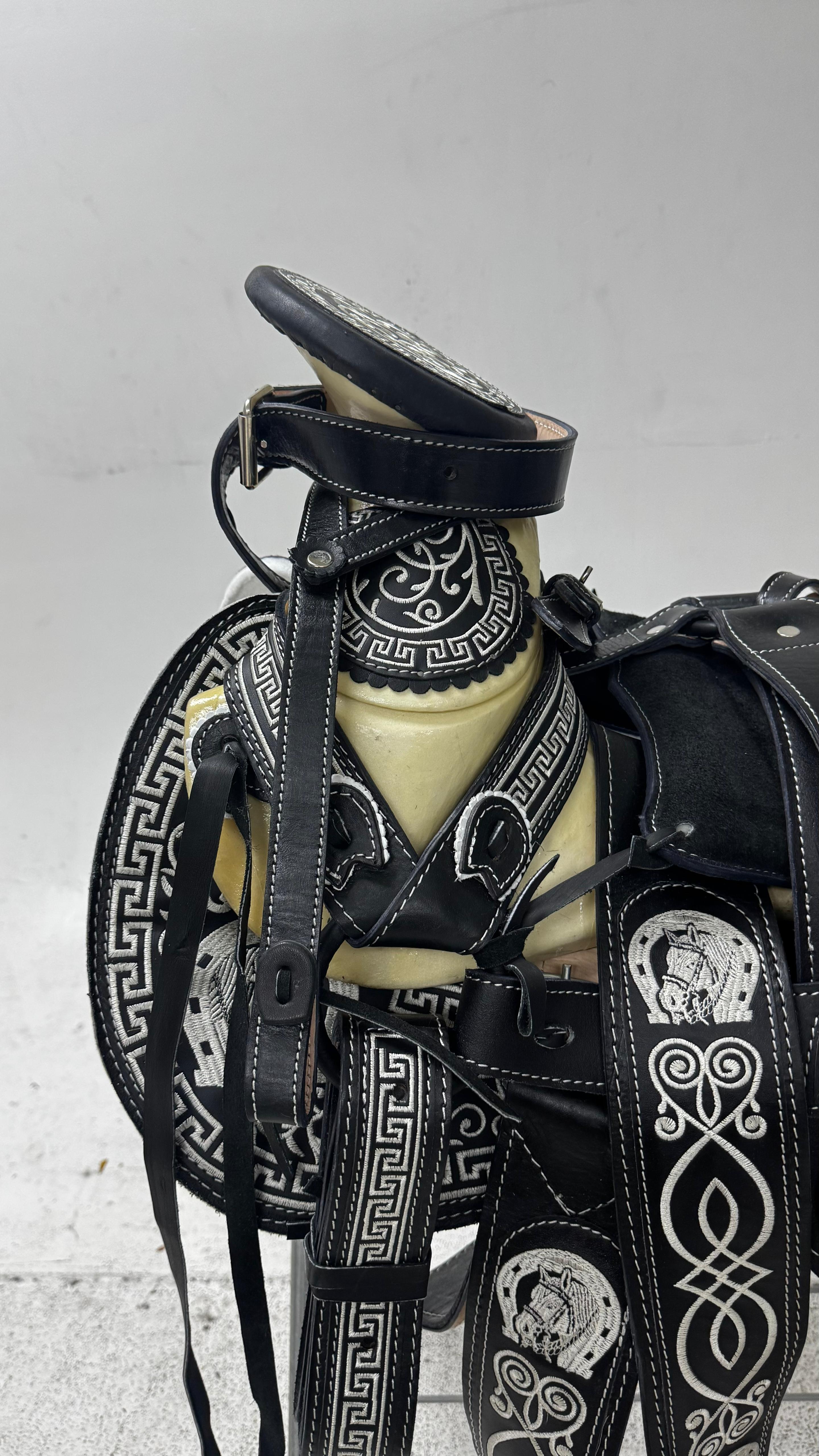 Charro Saddle – Black Leather with Silver Detailing & San Judas Design (15.5”) “El Guerrero”