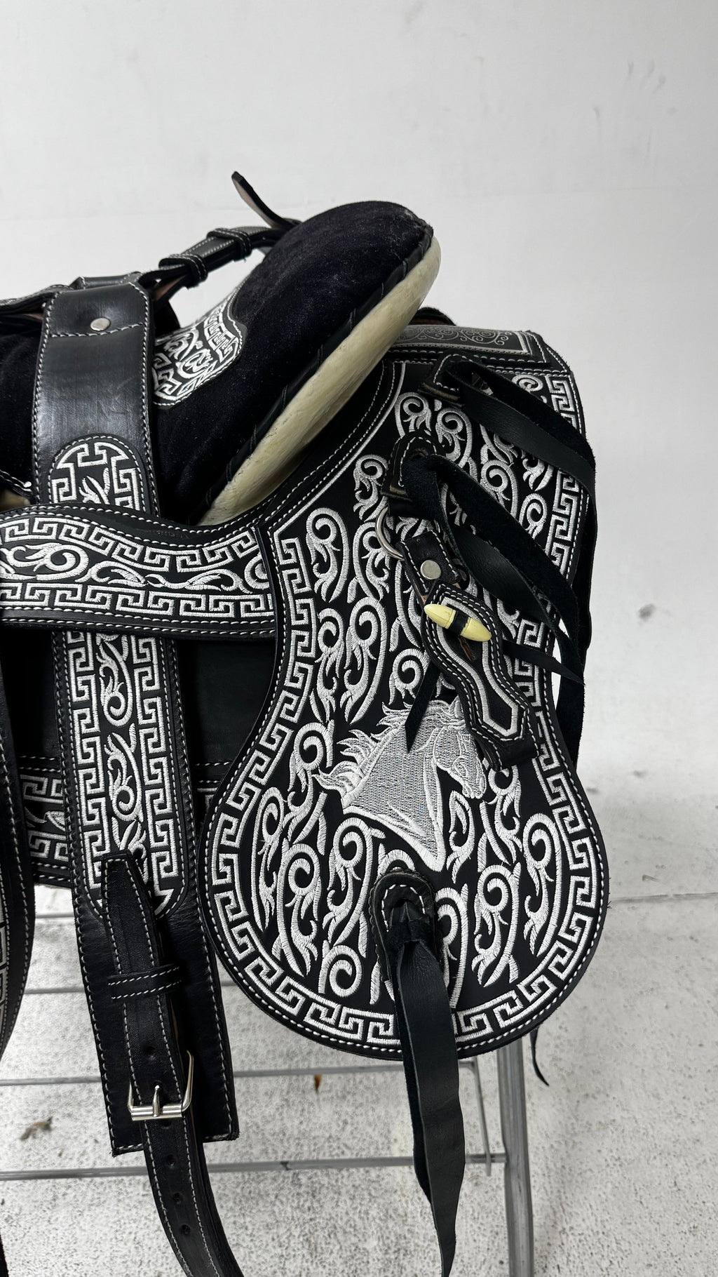 Charro Saddle – Black Suede & Silver Embroidered Leather (15.5”) “Elegancia Negra”