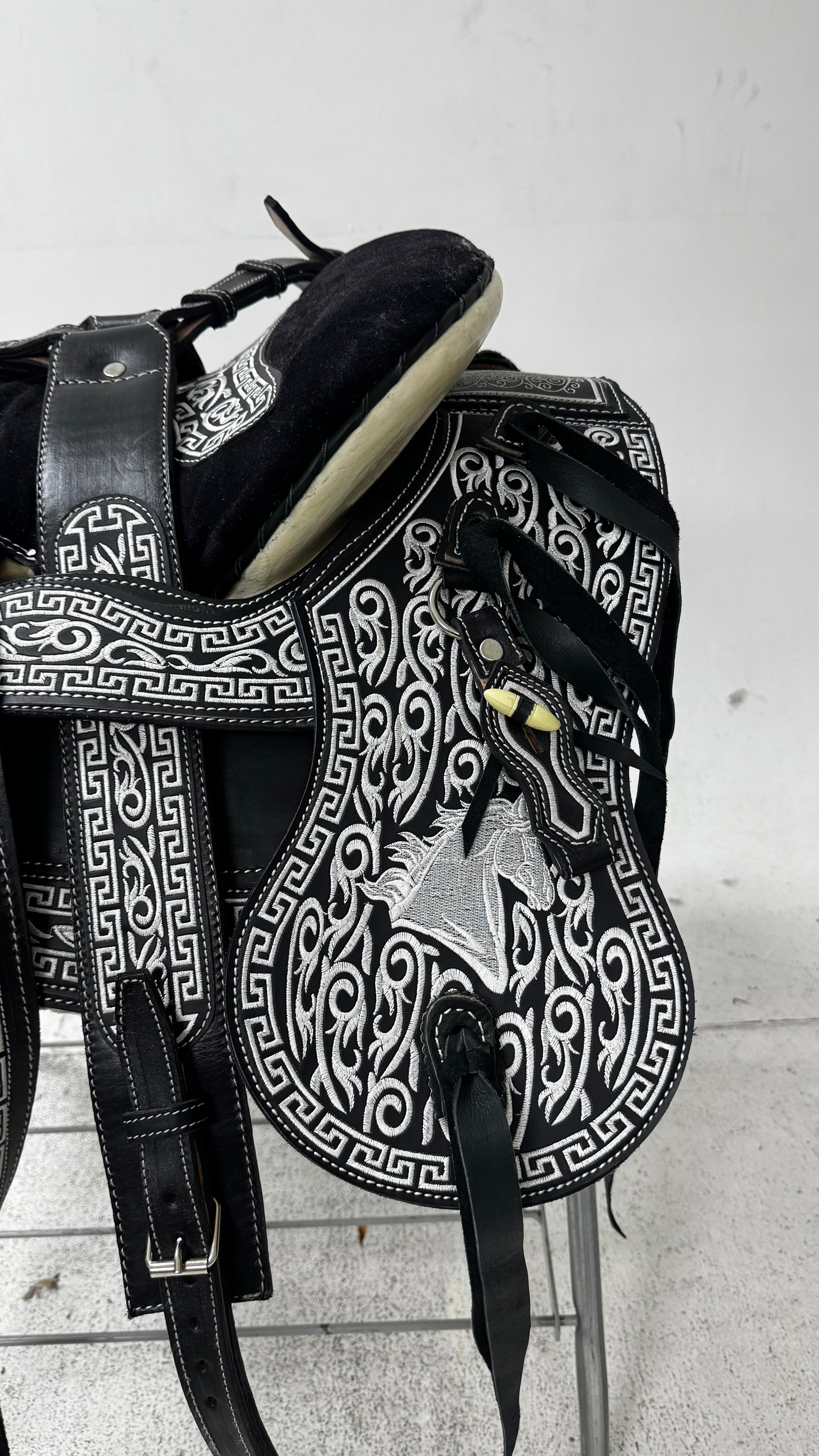 Charro Saddle – Black Suede & Silver Embroidered Leather (15.5”) “Elegancia Negra”