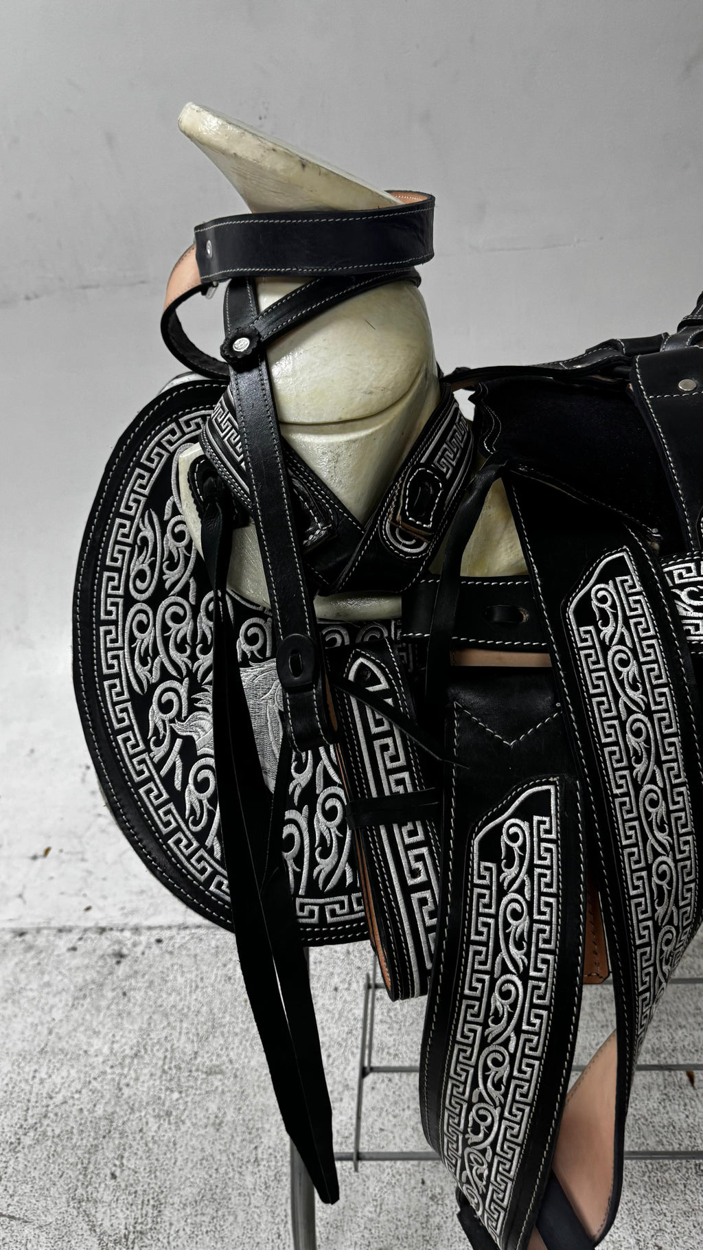 Charro Saddle – Black Suede & Silver Embroidered Leather (15.5”) “Elegancia Negra”