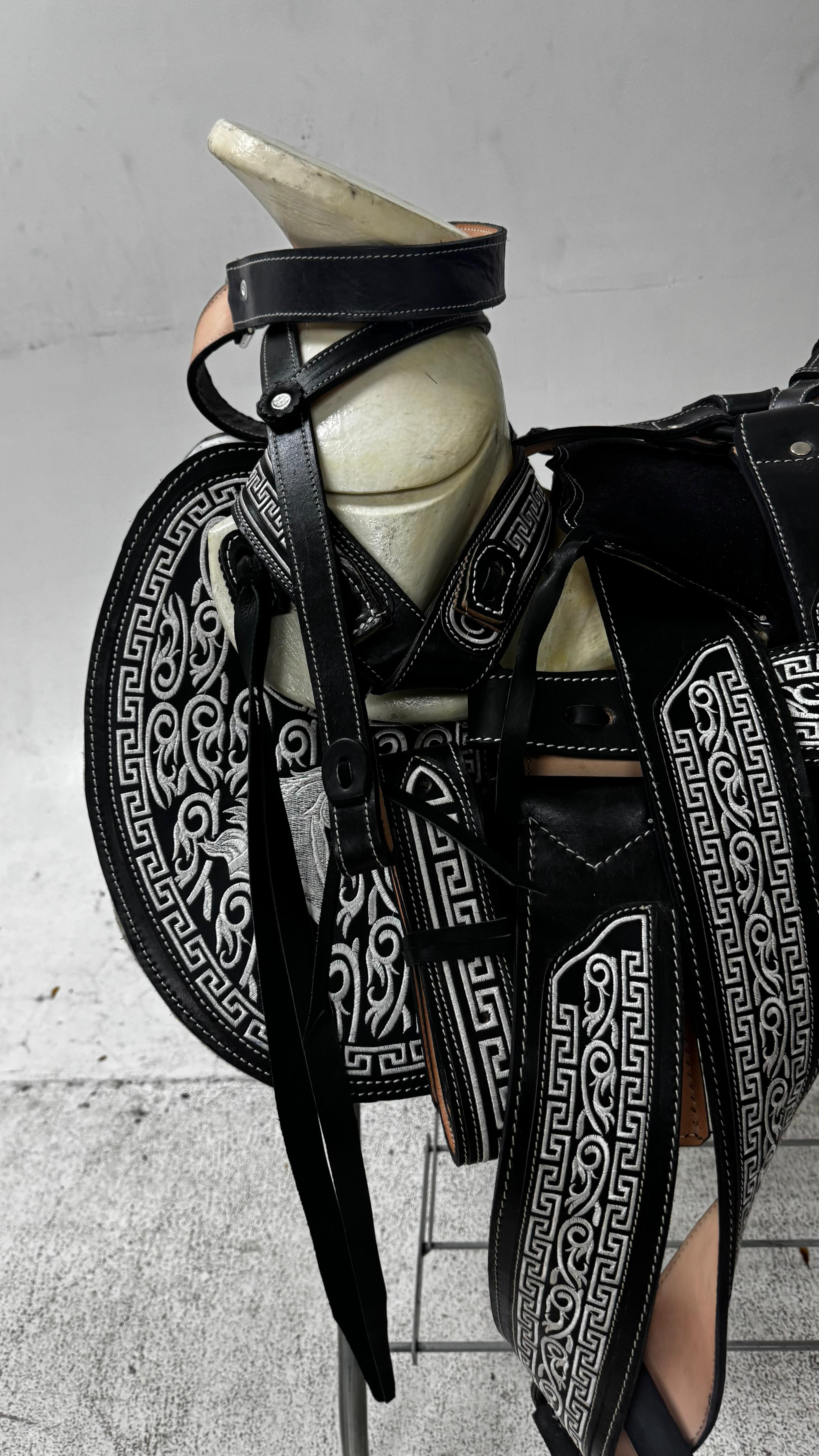 Charro Saddle – Black Suede & Silver Embroidered Leather (15.5”) “Elegancia Negra”