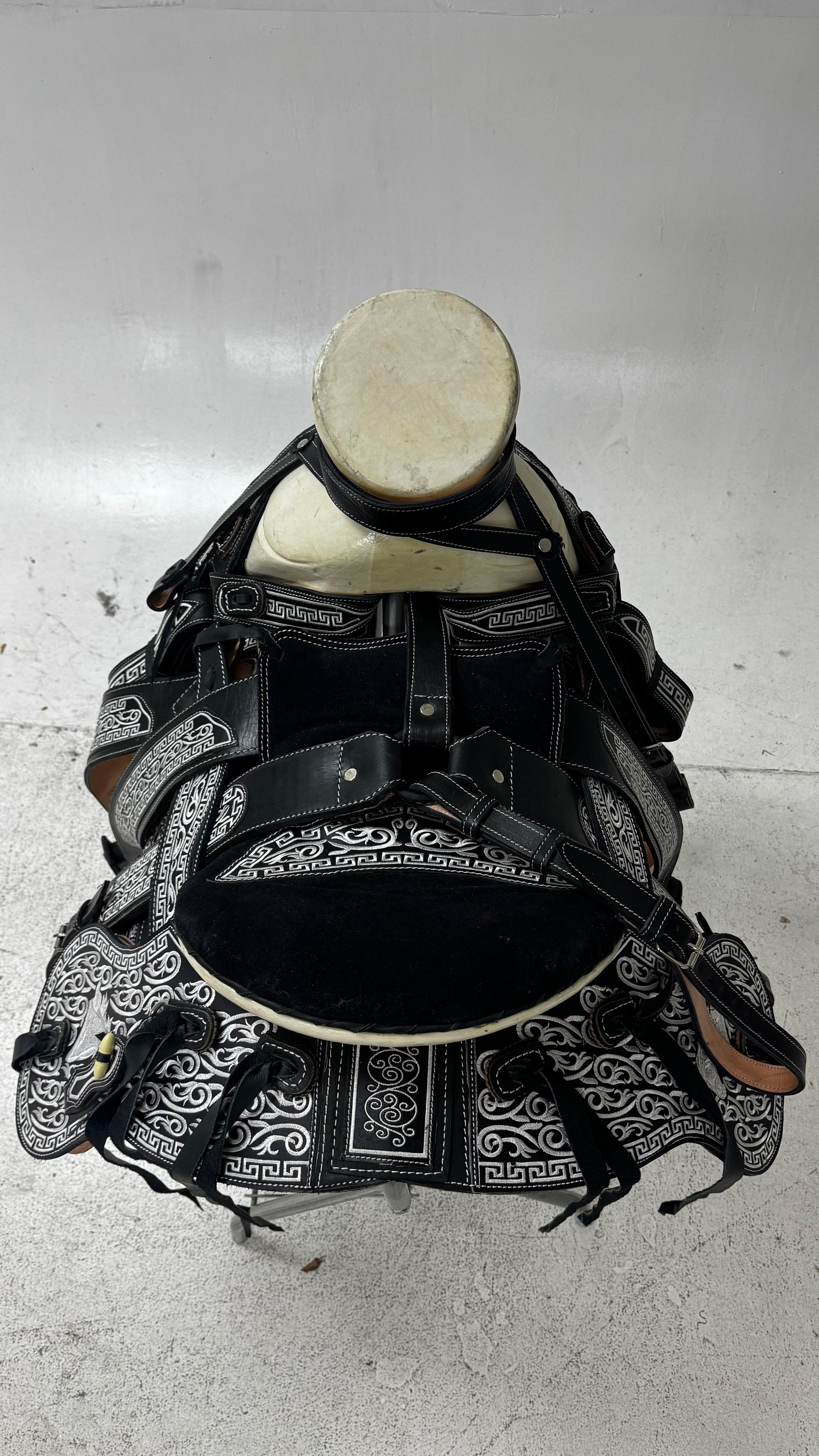 Charro Saddle – Black Suede & Silver Embroidered Leather (15.5”) “Elegancia Negra”