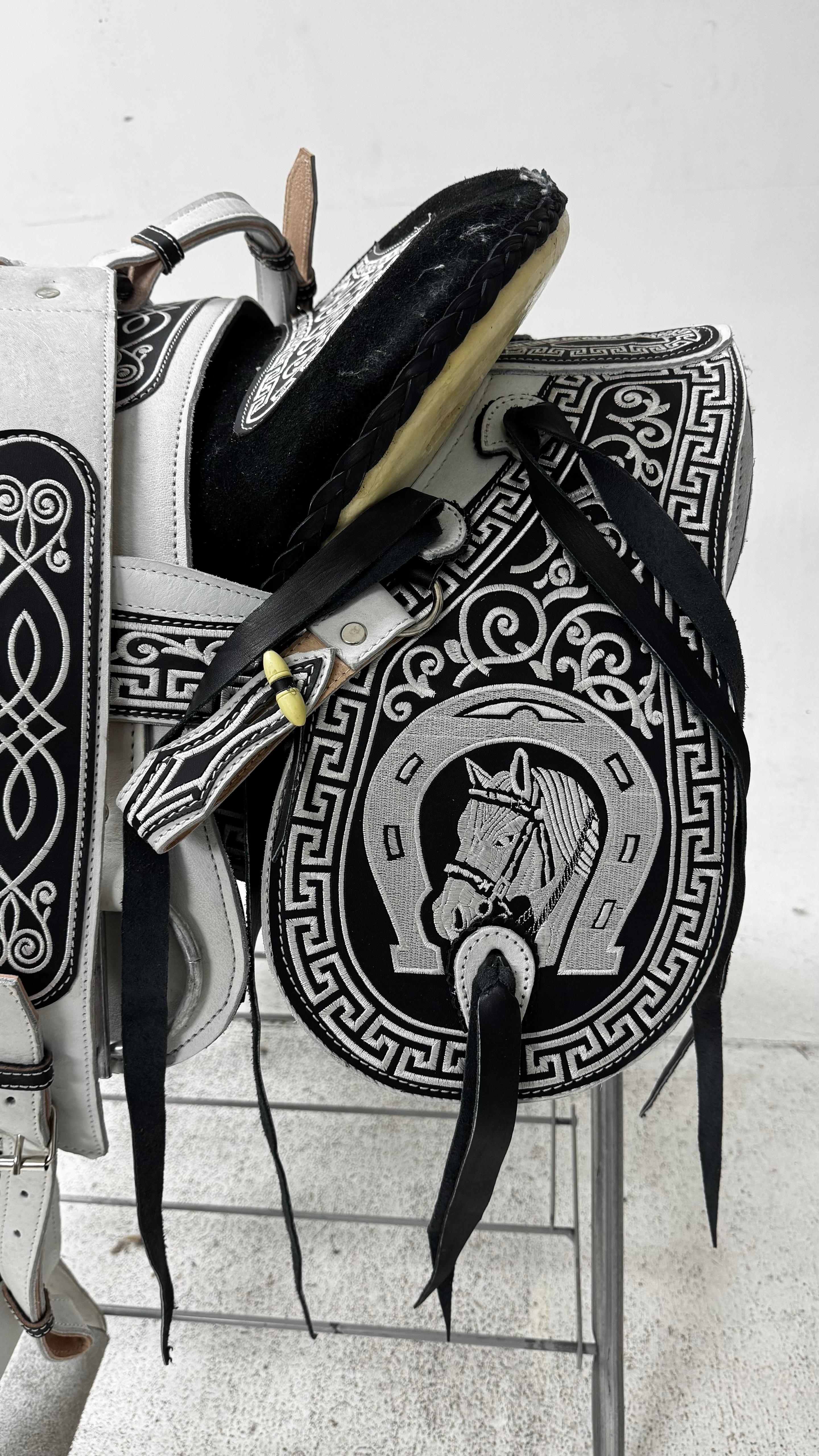 Charro Saddle – Black & White Embroidered Leather (15.5”) “La Versace”