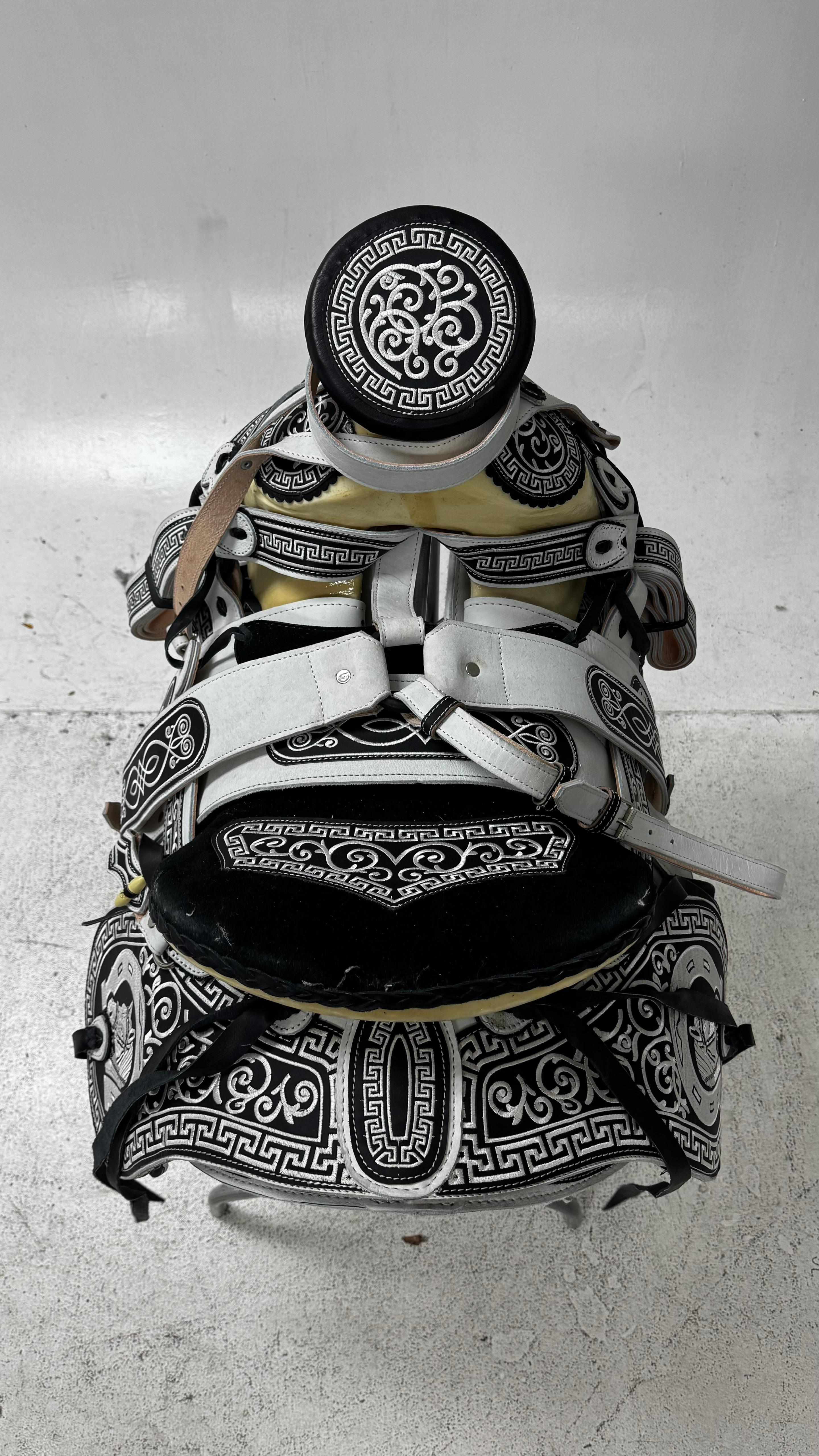 Charro Saddle – Black & White Embroidered Leather (15.5”) “La Versace”