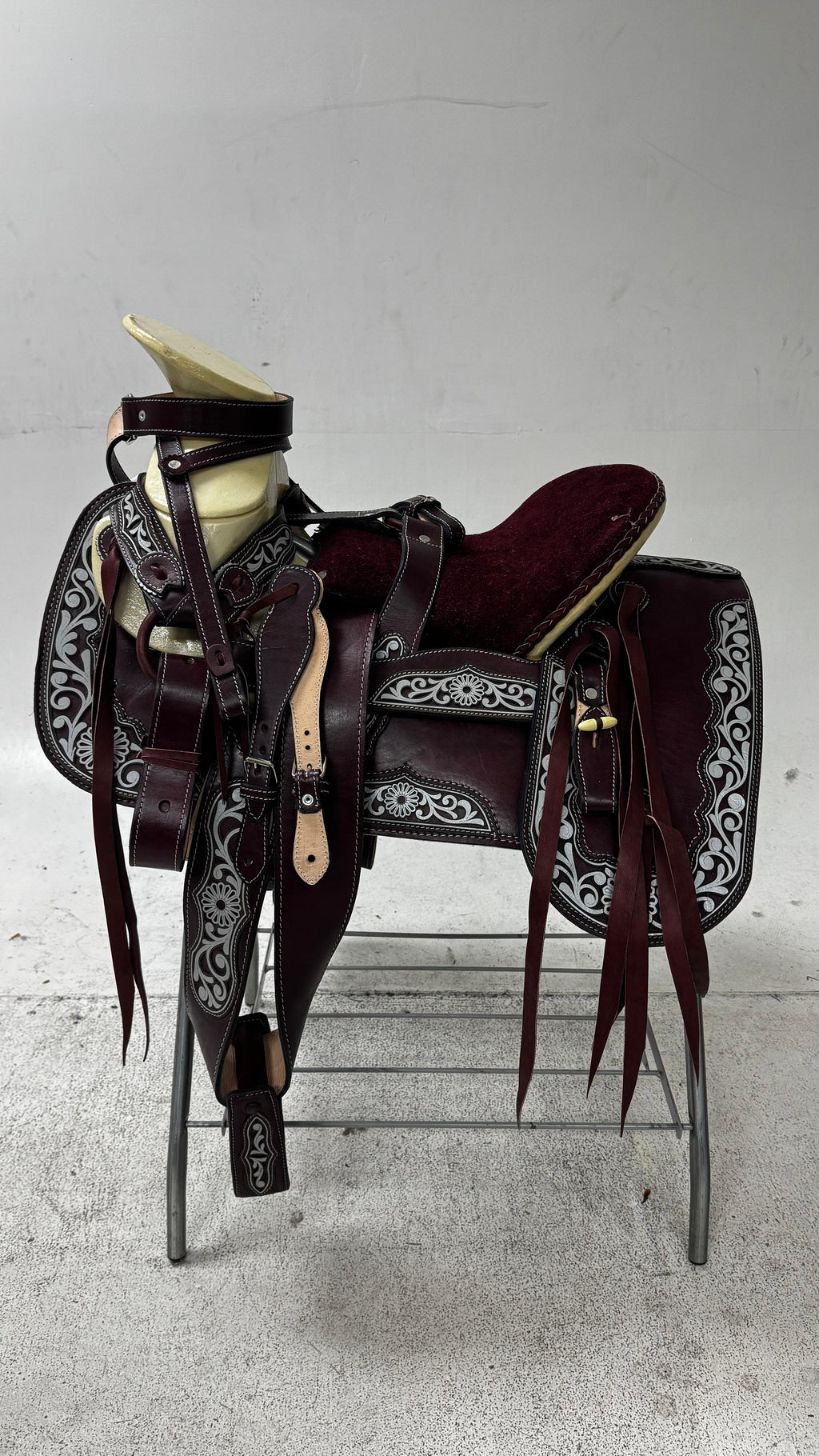 Charro Saddle – Wine Leather with Silver Embroidery (15.5”) “El Imperio”