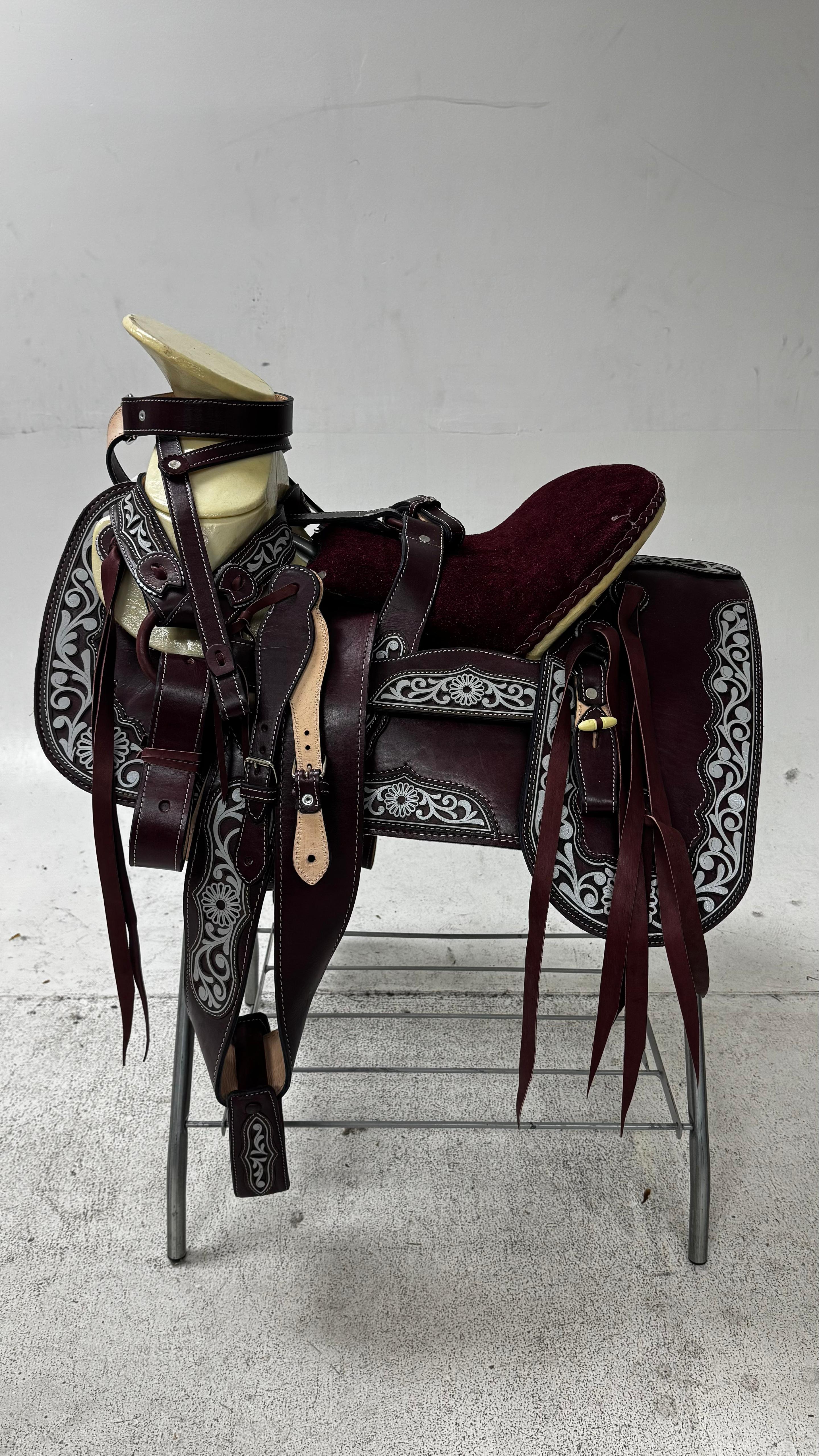 Charro Saddle – Wine Leather with Silver Embroidery (15.5”) “El Imperio”