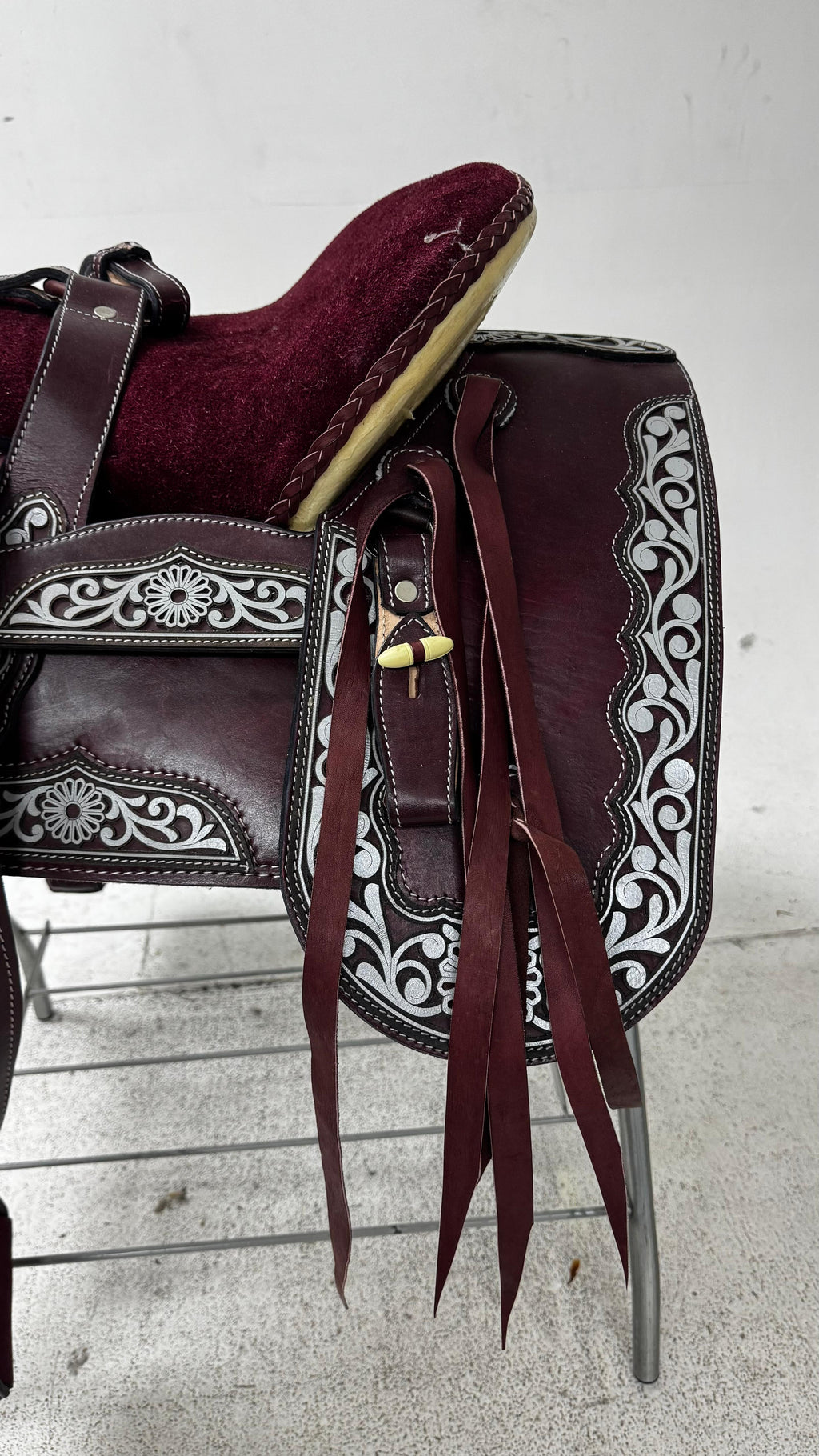 Charro Saddle – Wine Leather with Silver Embroidery (15.5”) “El Imperio”