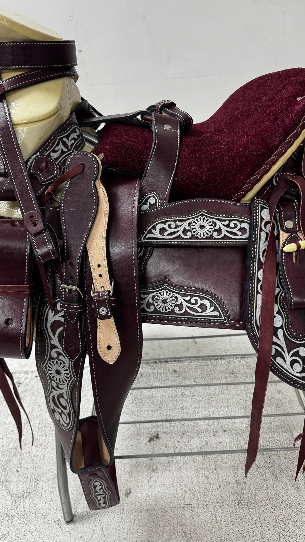 Charro Saddle – Wine Leather with Silver Embroidery (15.5”) “El Imperio”