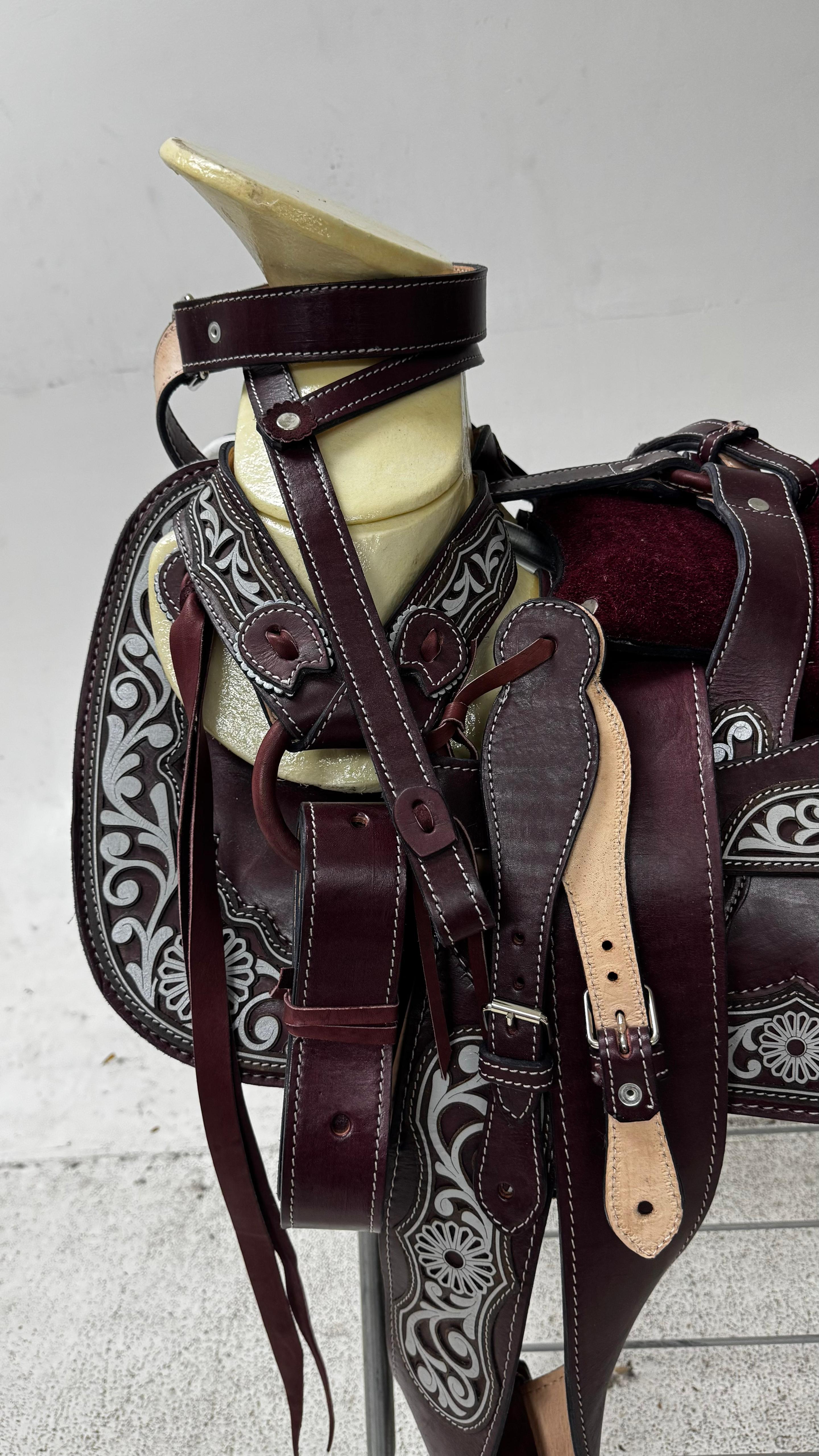 Charro Saddle – Wine Leather with Silver Embroidery (15.5”) “El Imperio”