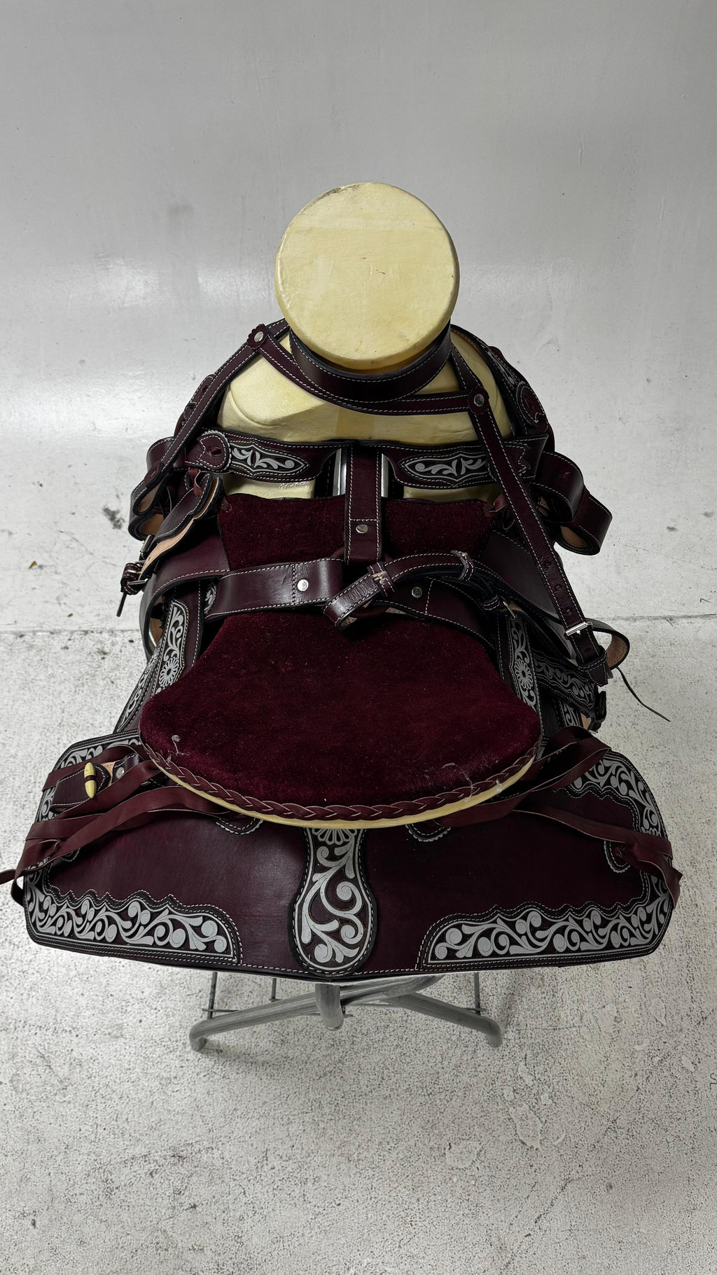 Charro Saddle – Wine Leather with Silver Embroidery (15.5”) “El Imperio”