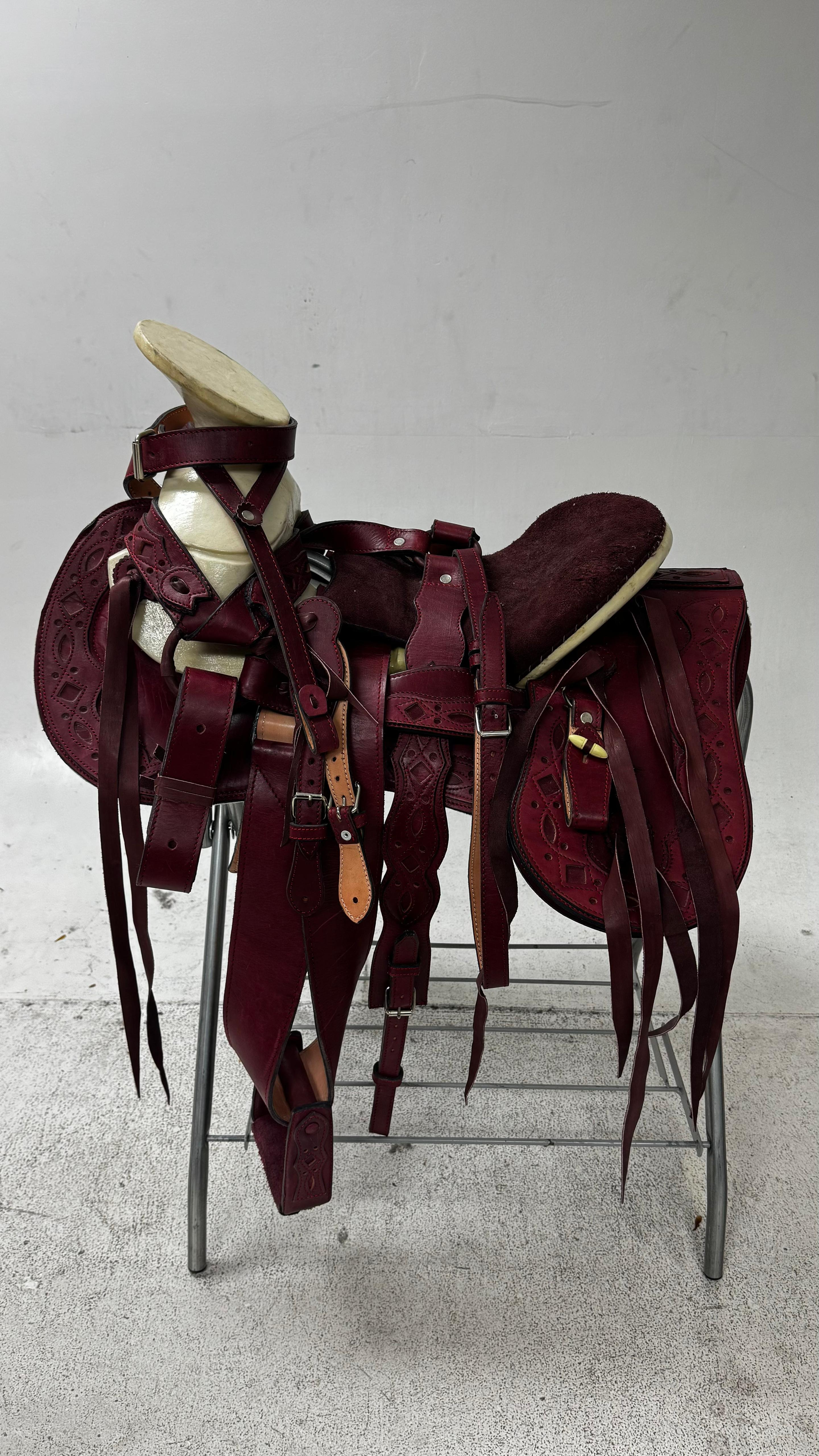 Charro Saddle – Deep Wine Leather with Hand-Tooled Design (15.5”) “El Noble”
