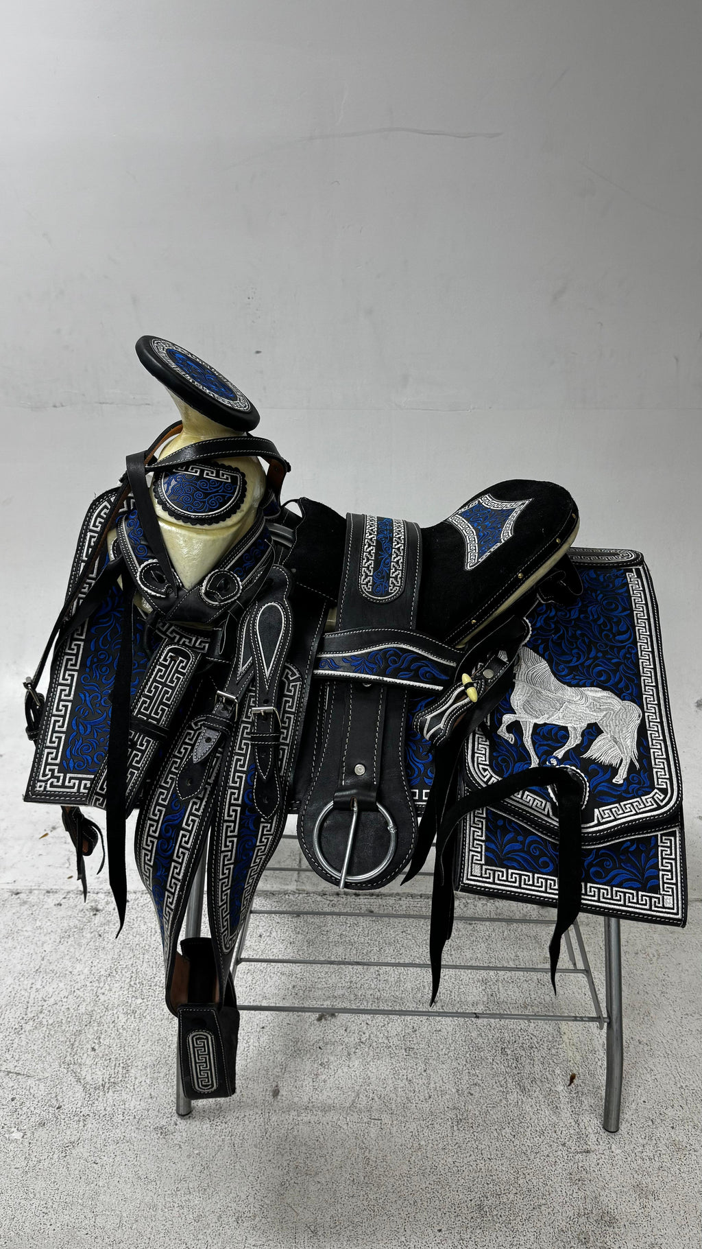 Charro Saddle – Black Suede with Blue Embroidery (15.5”) “El Diamante Azul”