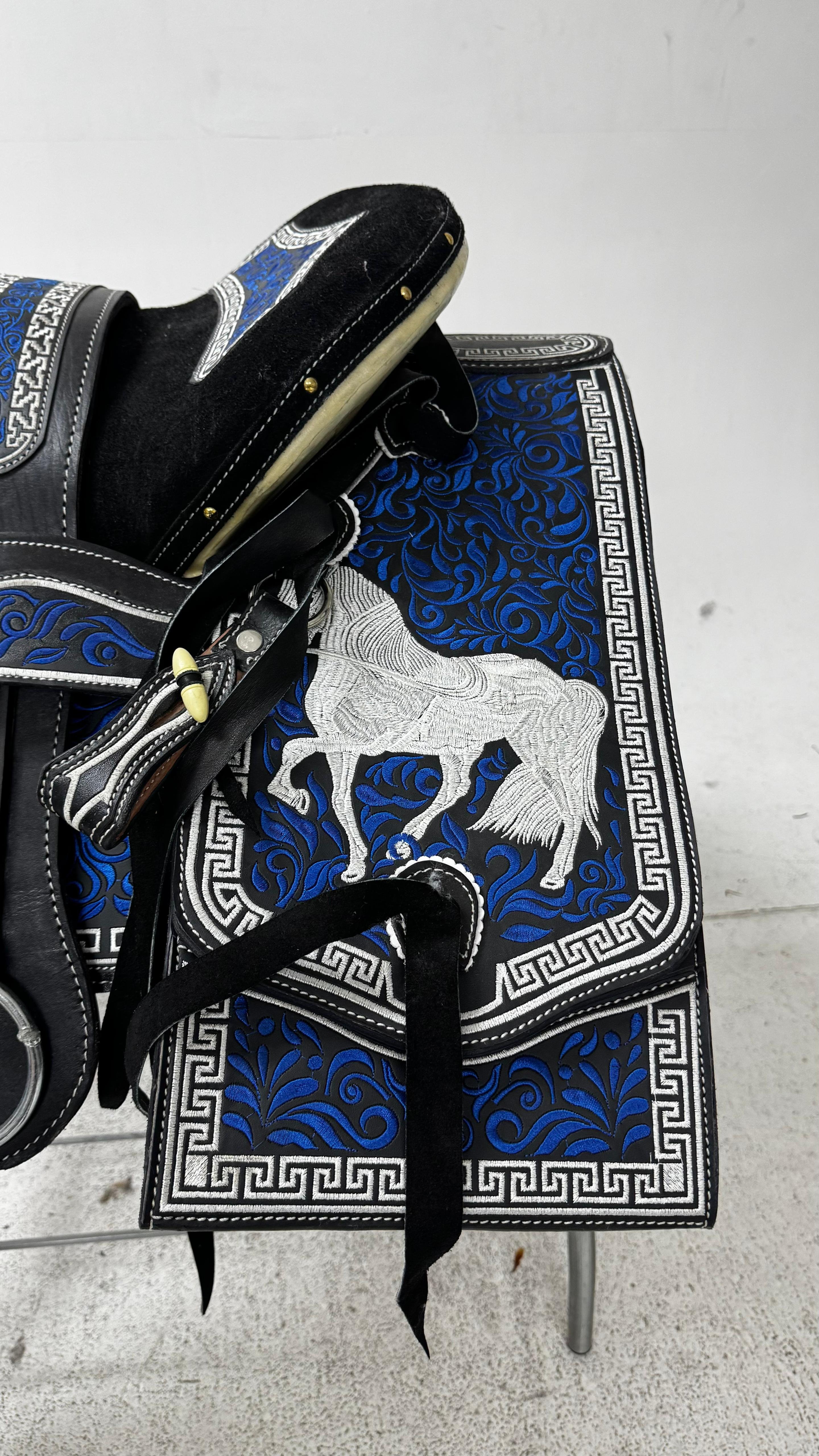 Charro Saddle – Black Suede with Blue Embroidery (15.5”) “El Diamante Azul”