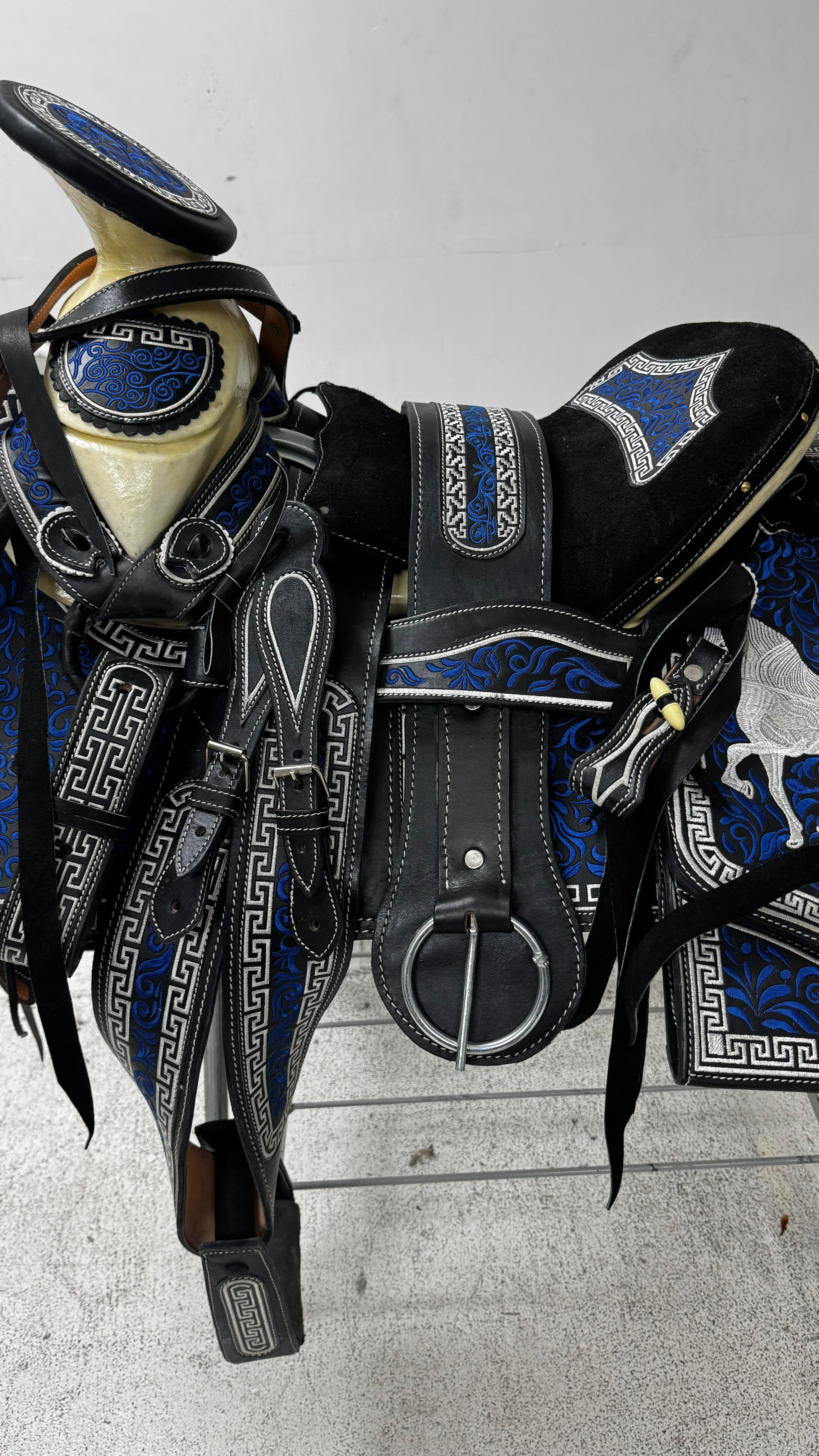 Charro Saddle – Black Suede with Blue Embroidery (15.5”) “El Diamante Azul”
