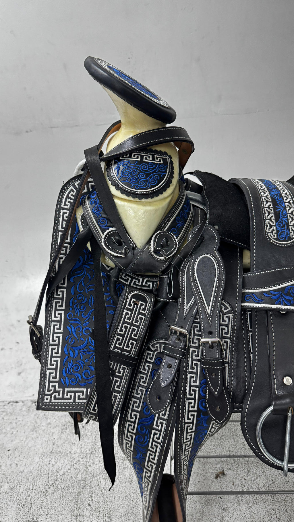 Charro Saddle – Black Suede with Blue Embroidery (15.5”) “El Diamante Azul”