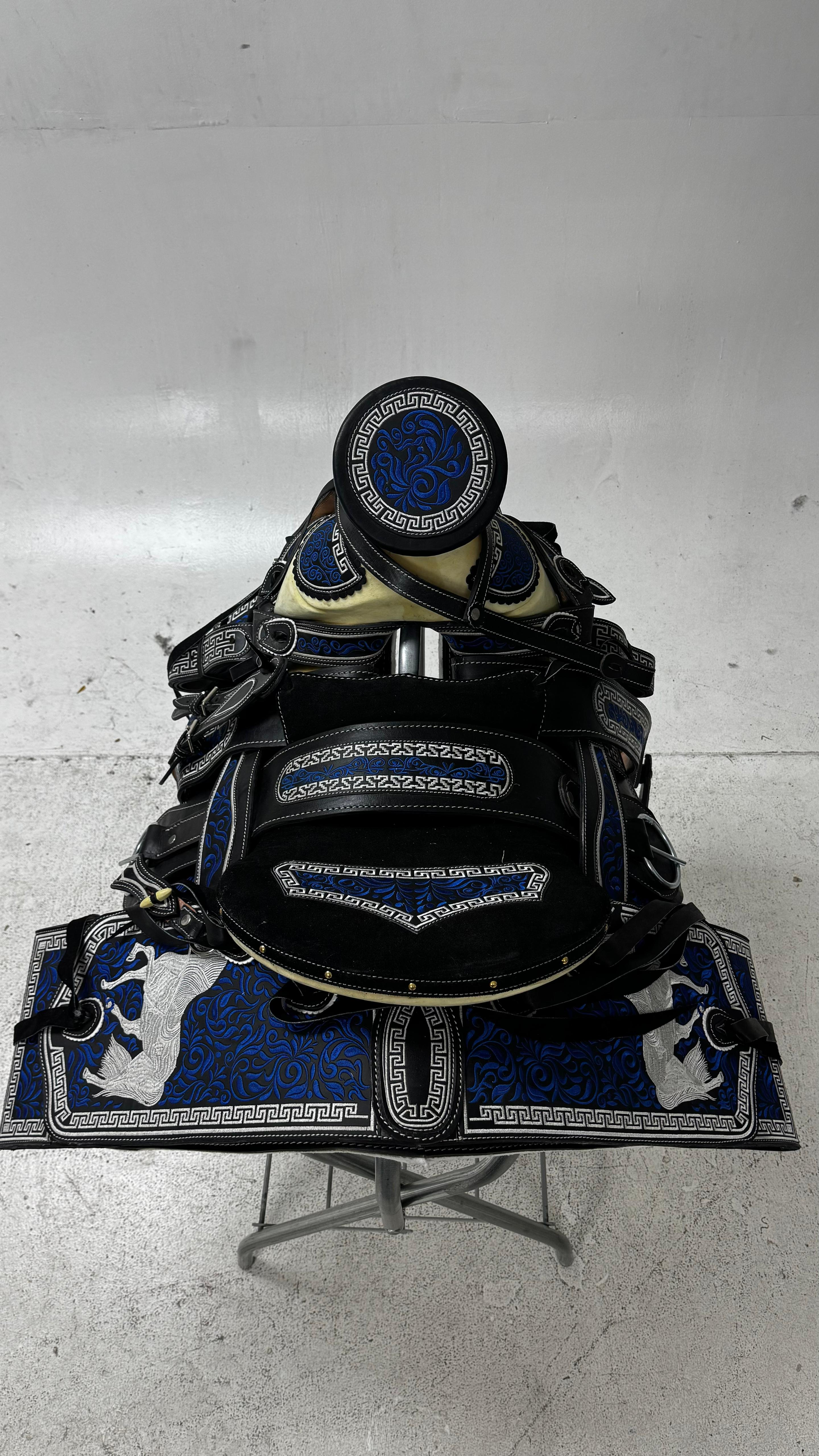 Charro Saddle – Black Suede with Blue Embroidery (15.5”) “El Diamante Azul”