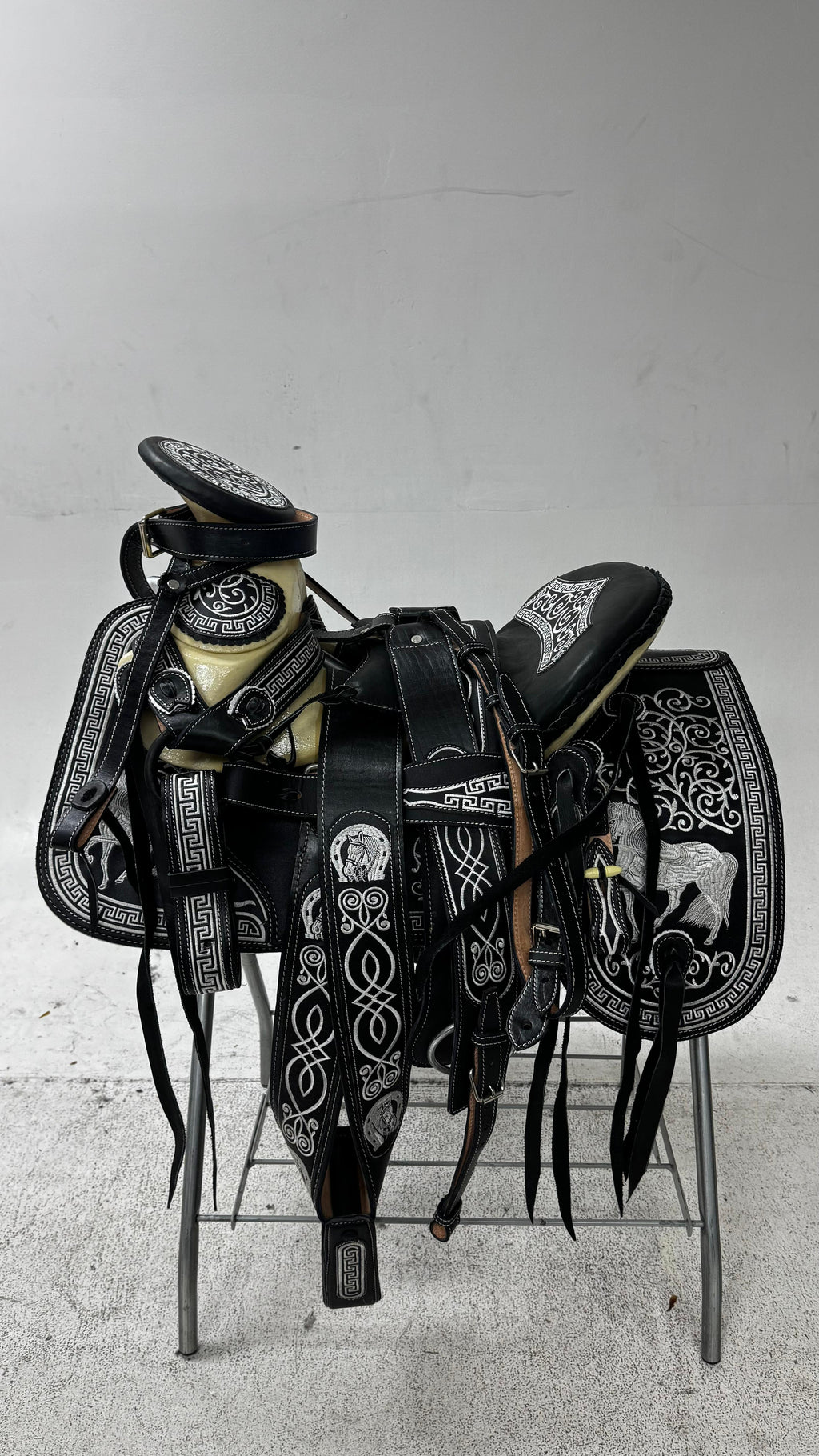 Charro Saddle – Black Leather with Silver Embroidery (15.5”) “El Centenario”