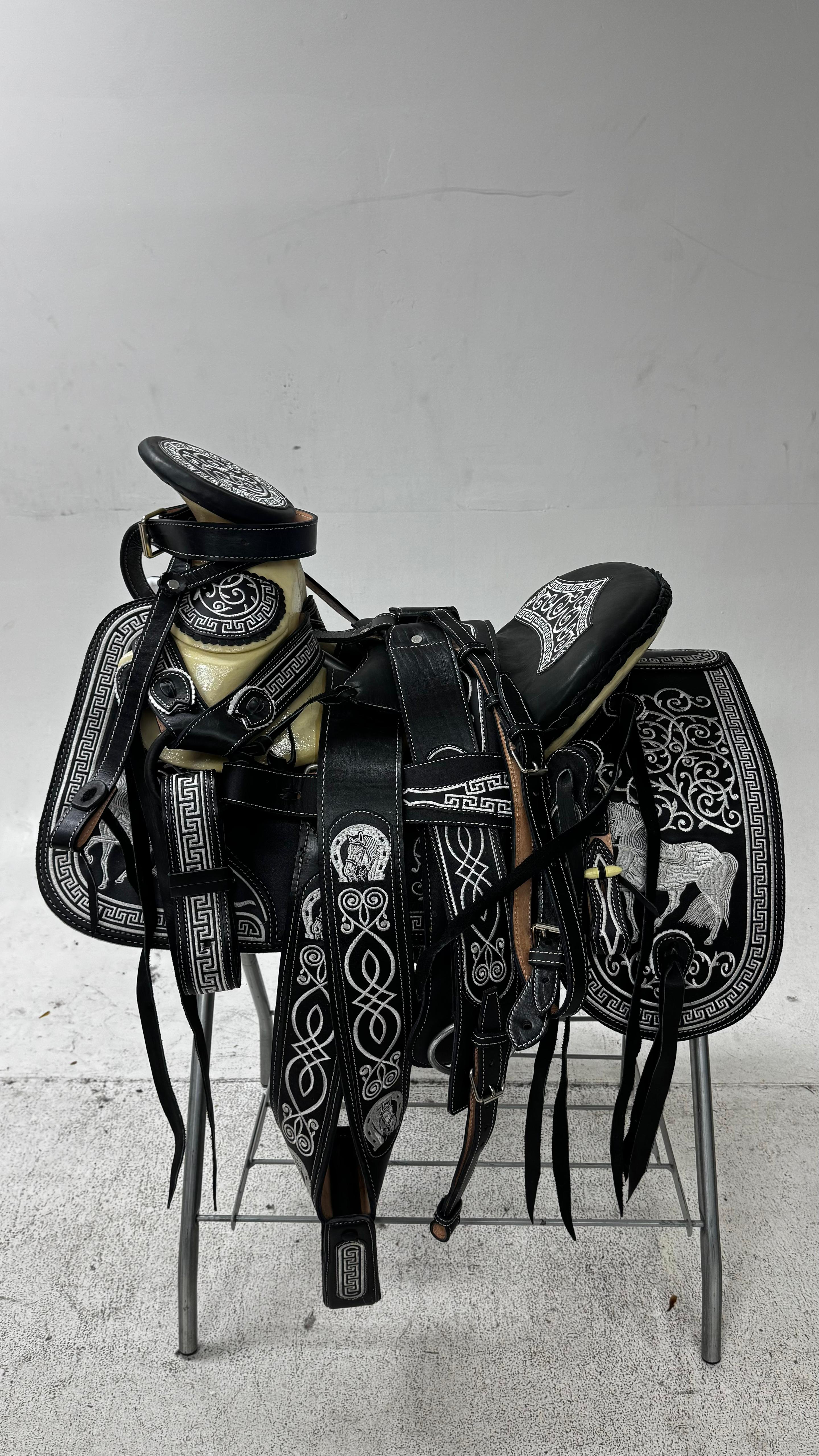 Charro Saddle – Black Leather with Silver Embroidery (15.5”) “El Centenario”