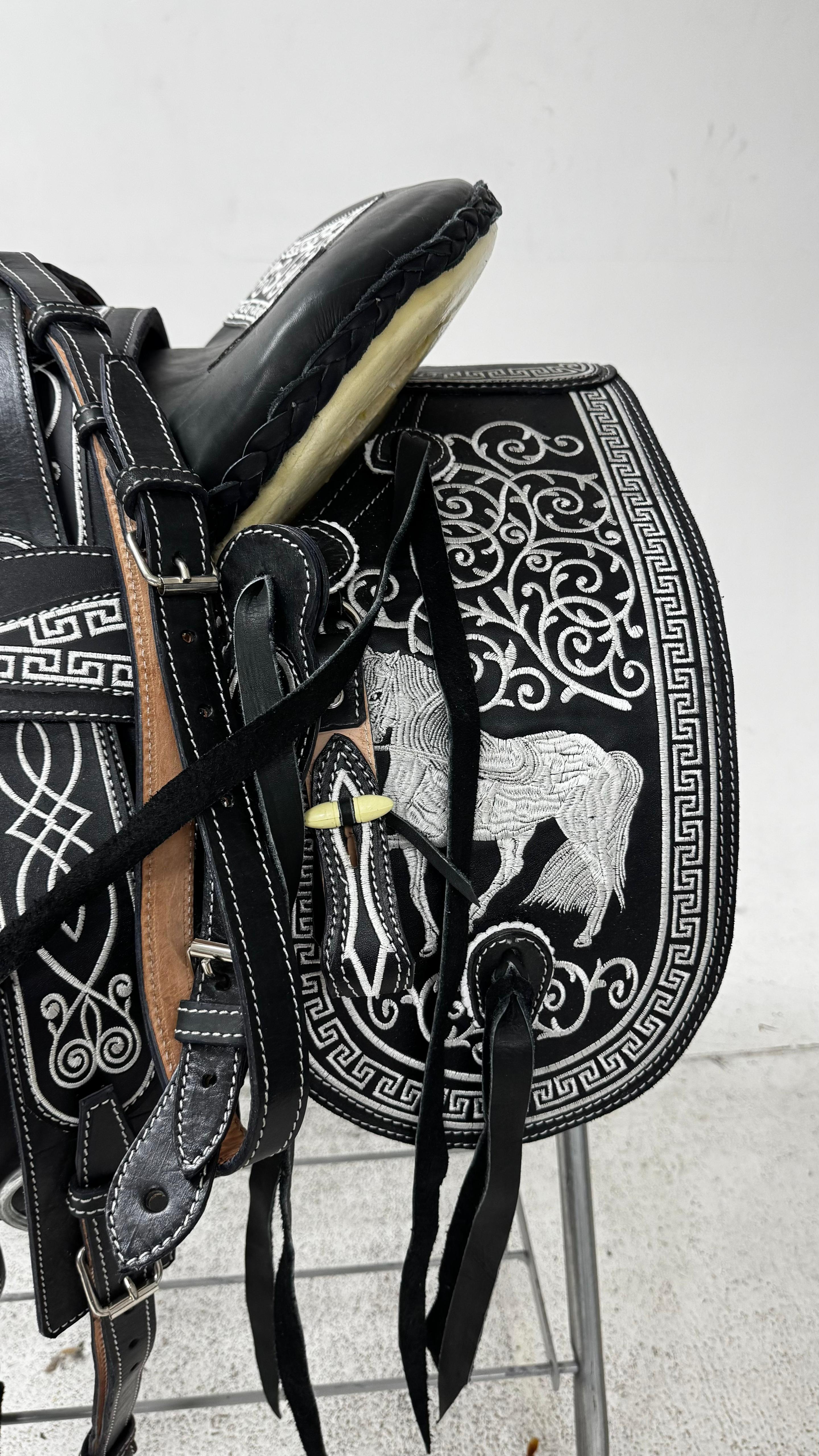 Charro Saddle – Black Leather with Silver Embroidery (15.5”) “El Centenario”