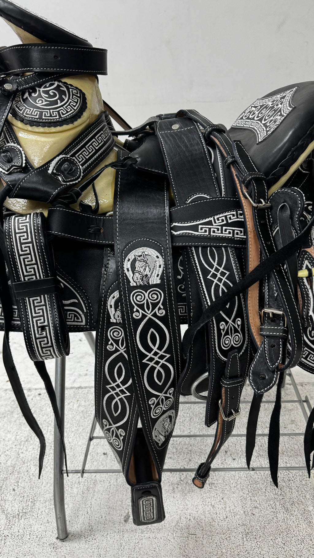 Charro Saddle – Black Leather with Silver Embroidery (15.5”) “El Centenario”