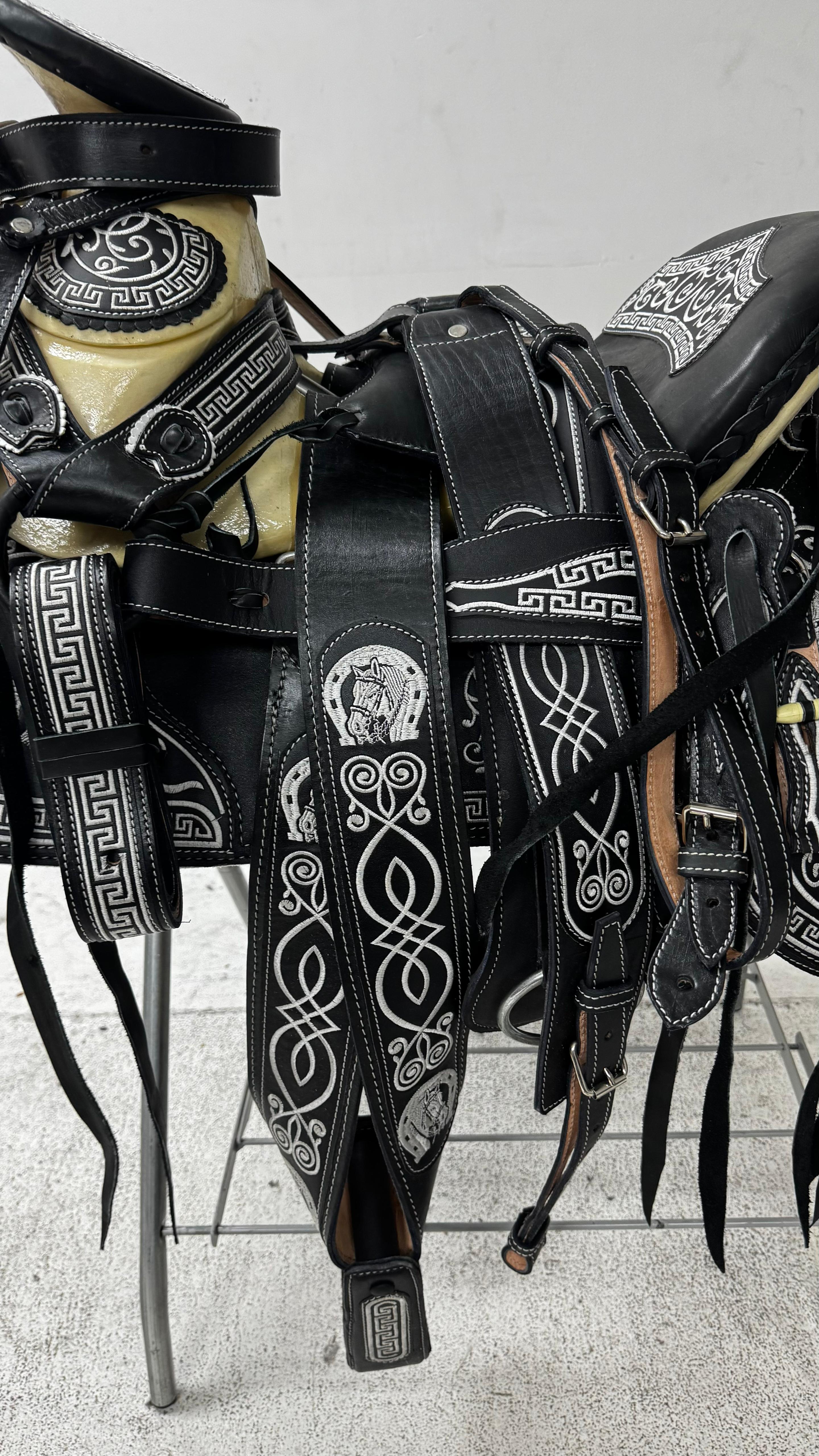 Charro Saddle – Black Leather with Silver Embroidery (15.5”) “El Centenario”