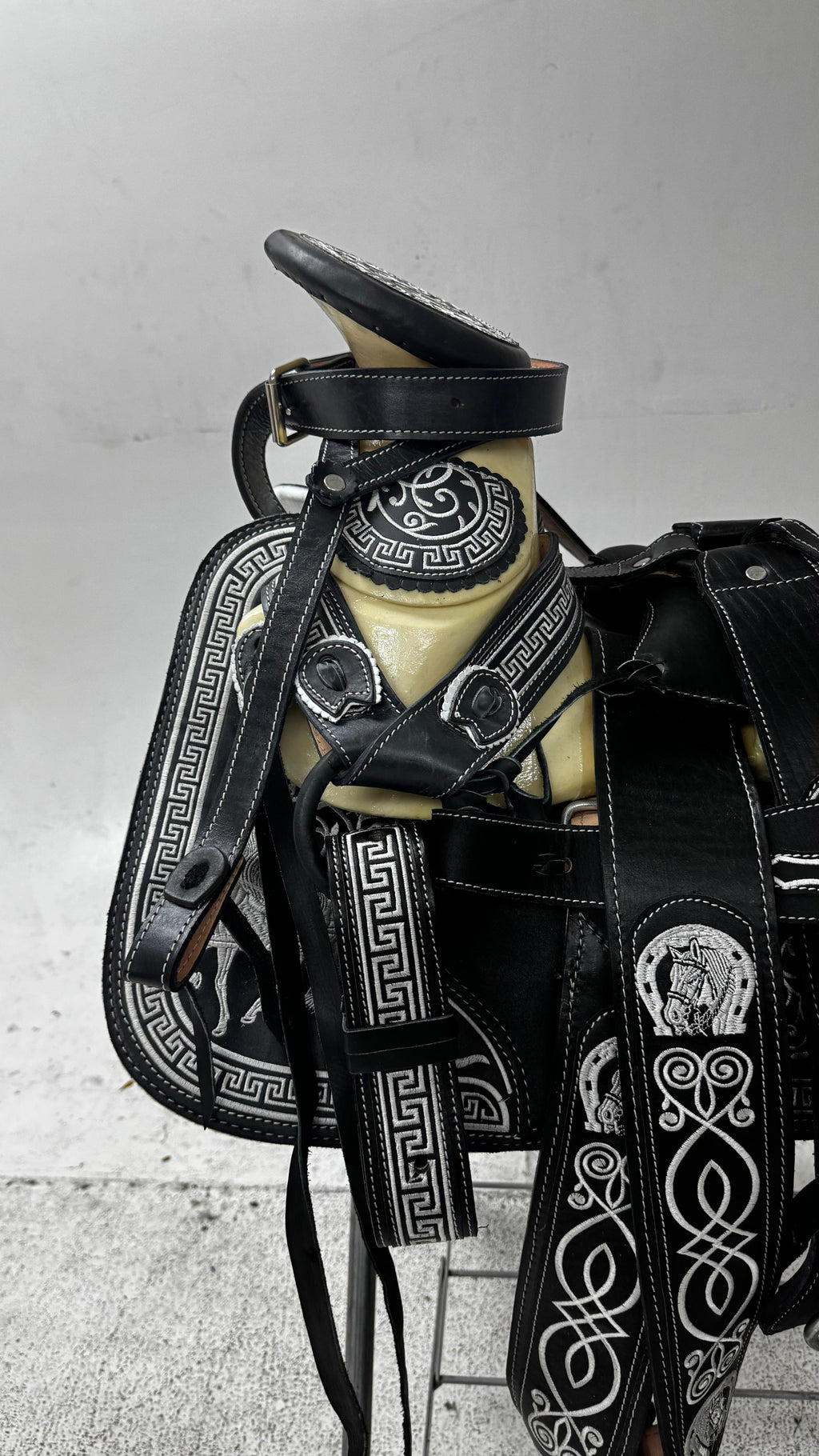 Charro Saddle – Black Leather with Silver Embroidery (15.5”) “El Centenario”