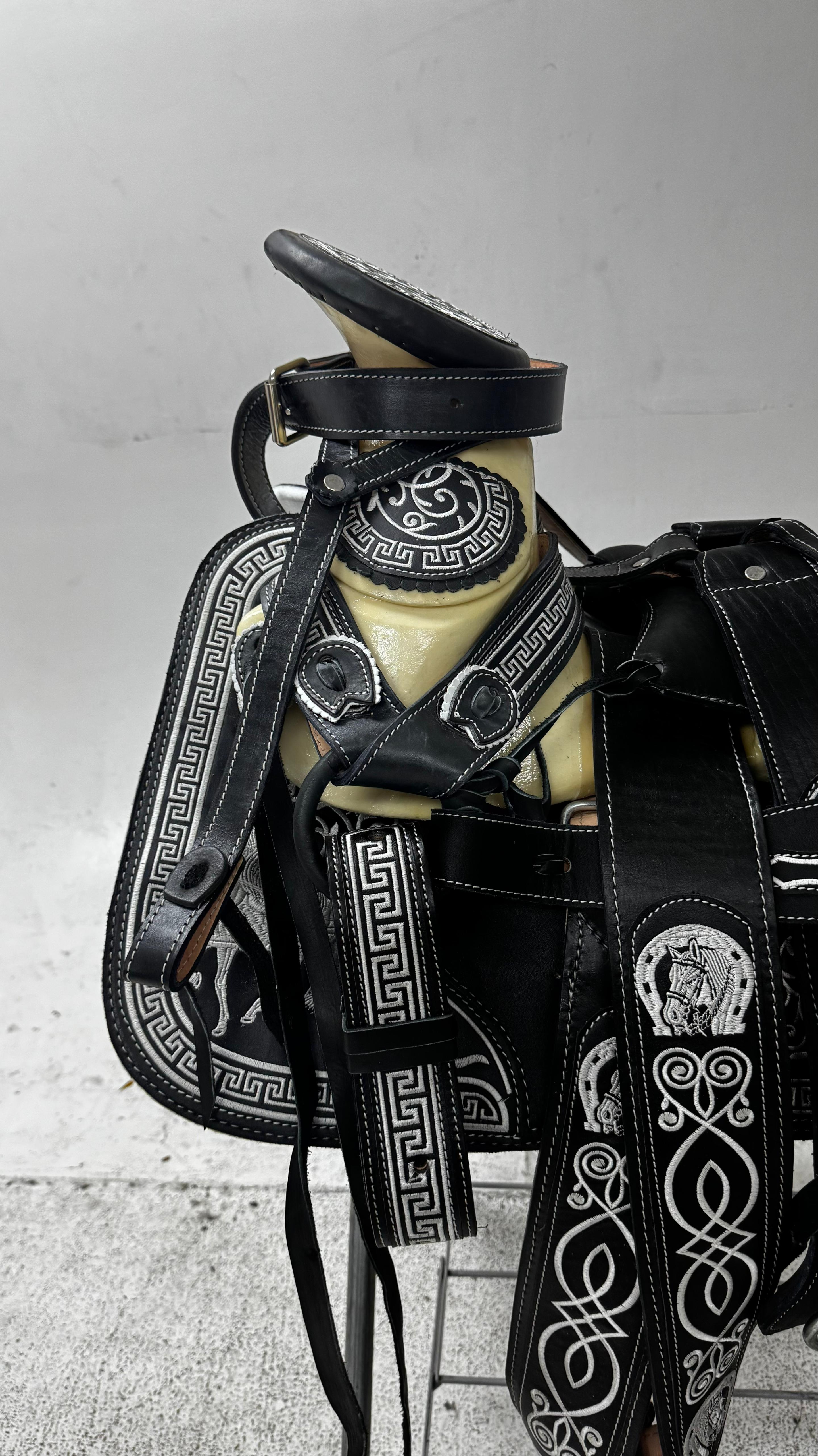Charro Saddle – Black Leather with Silver Embroidery (15.5”) “El Centenario”
