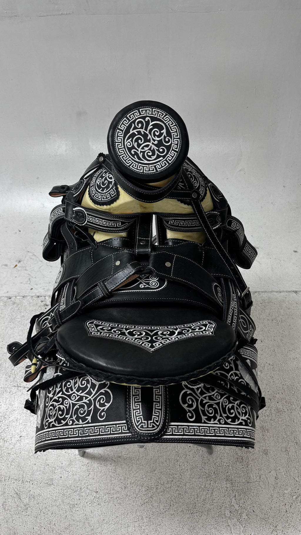 Charro Saddle – Black Leather with Silver Embroidery (15.5”) “El Centenario”