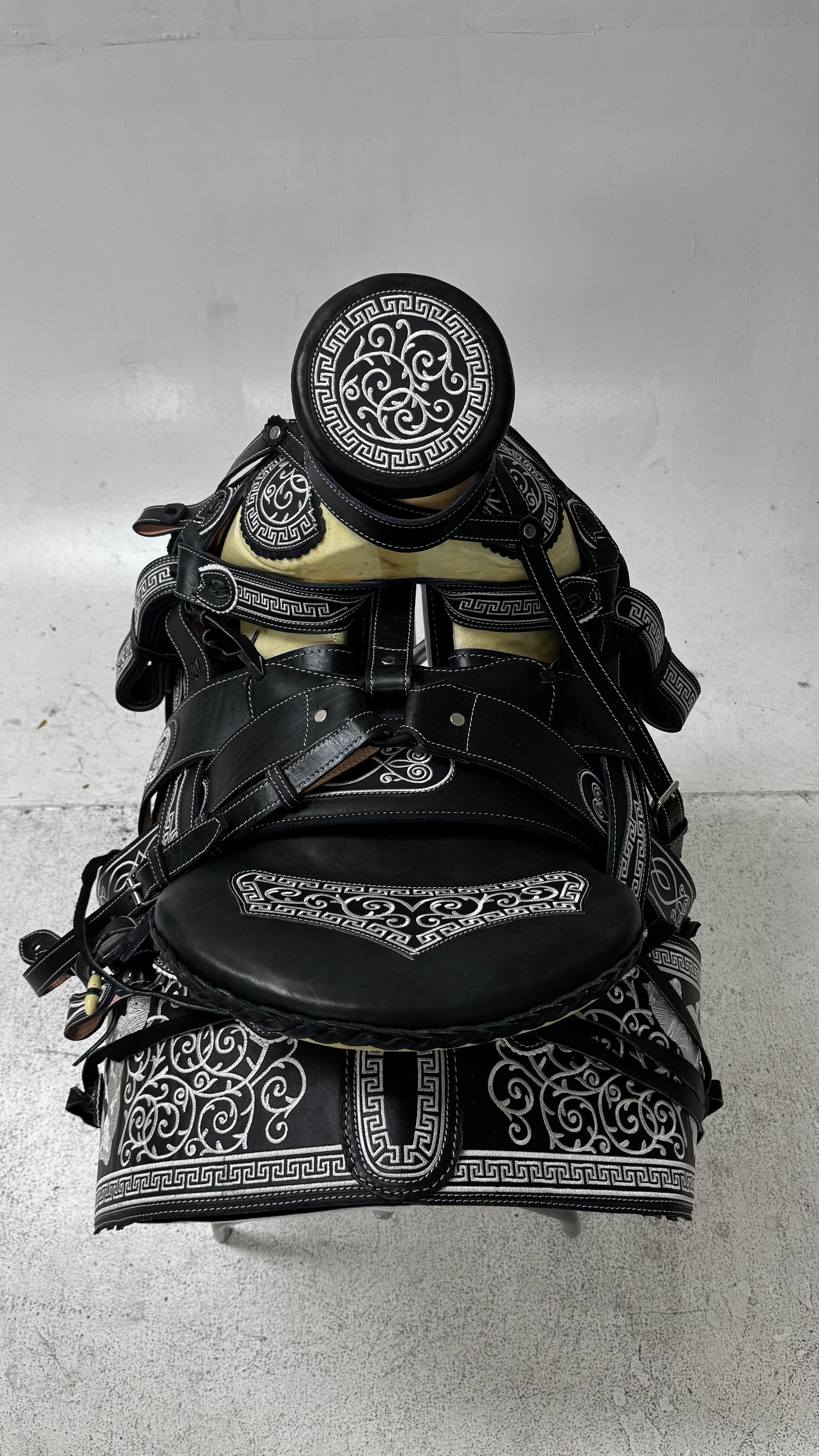 Charro Saddle – Black Leather with Silver Embroidery (15.5”) “El Centenario”