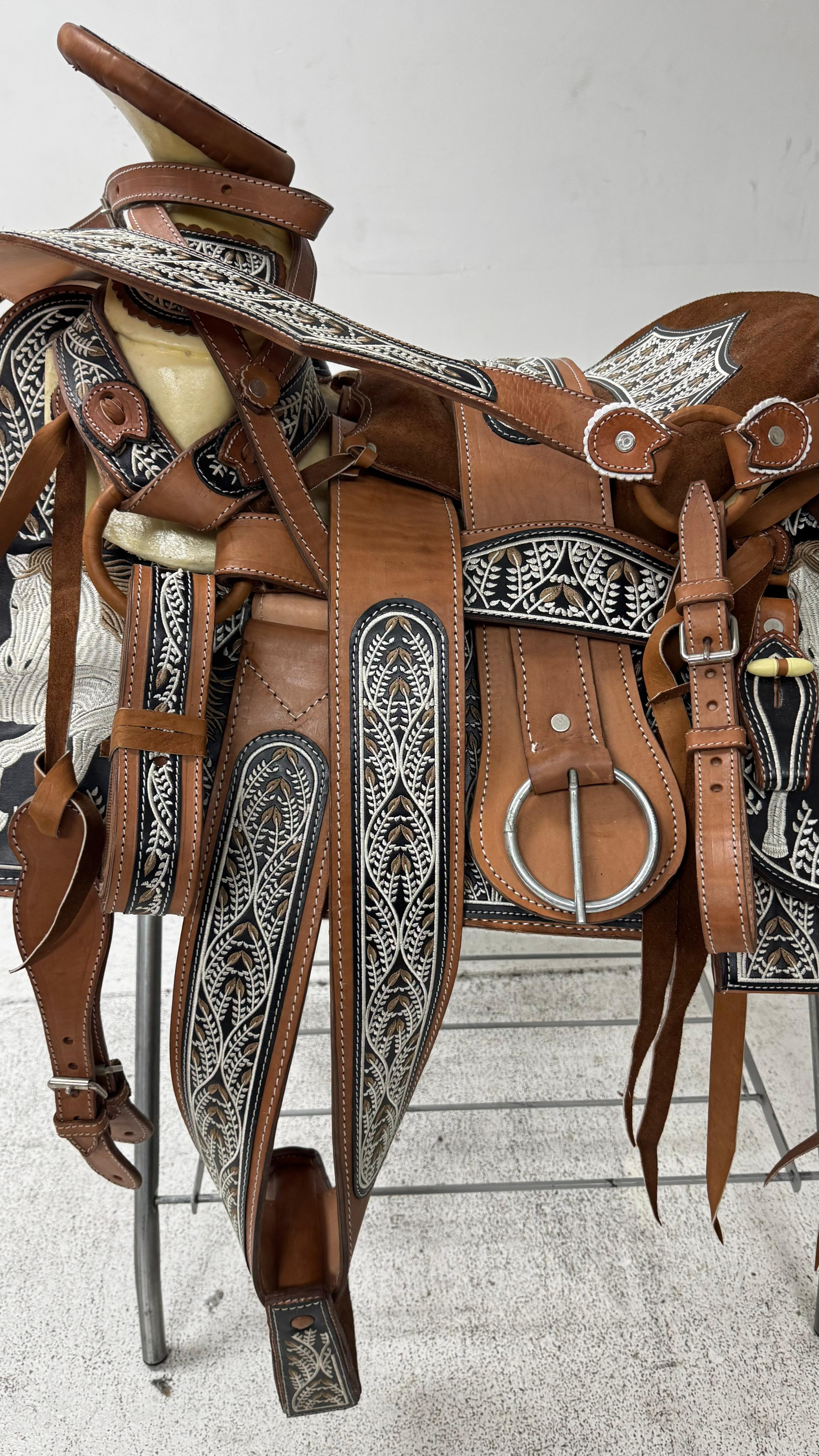 Charro Saddle – Tan Leather with Black & Silver Embroidery (15.5”) “El Cazador”