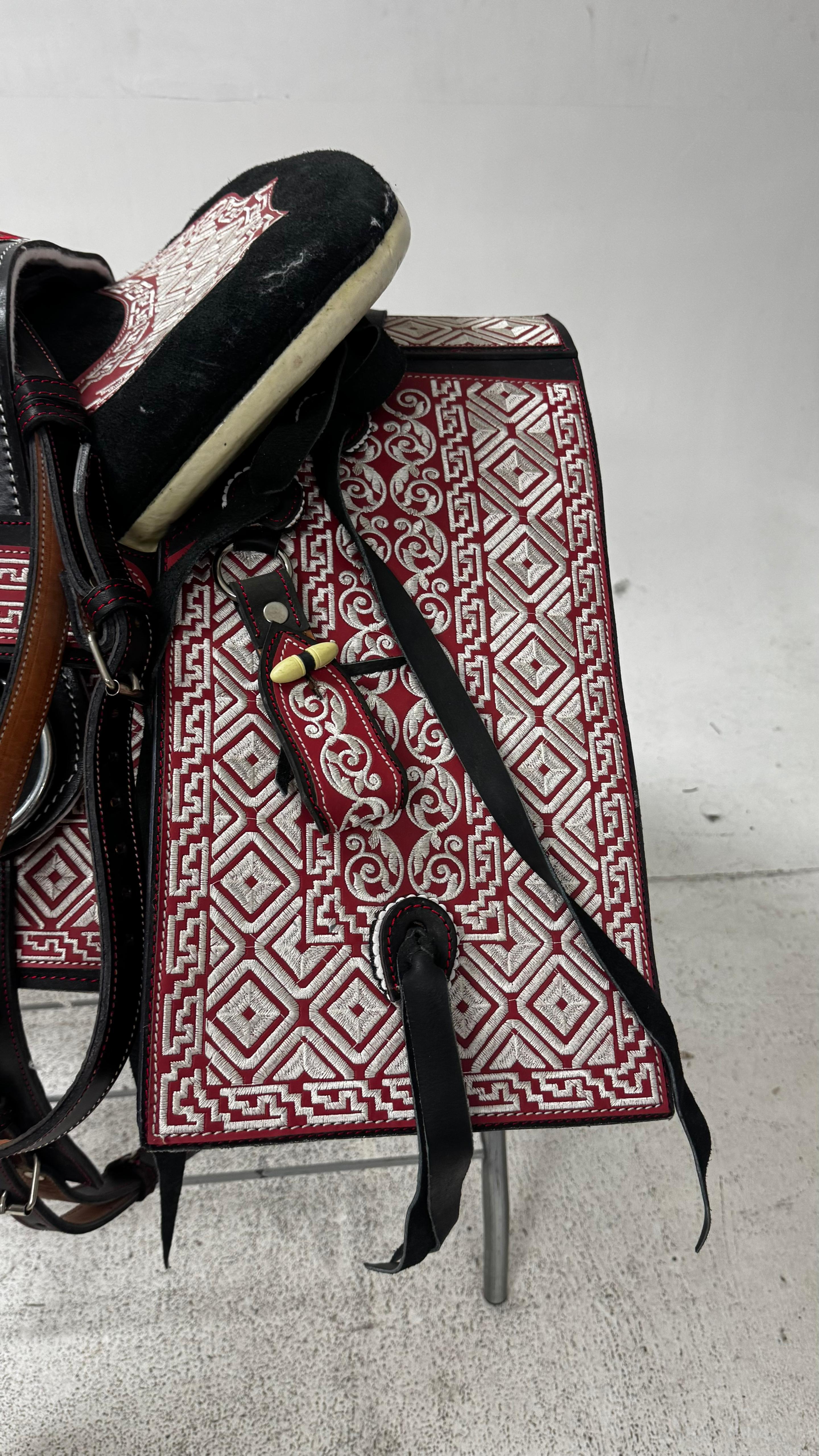 Charro Saddle – Black Leather with Red & White Embroidery (15.5”) “El Diamante”