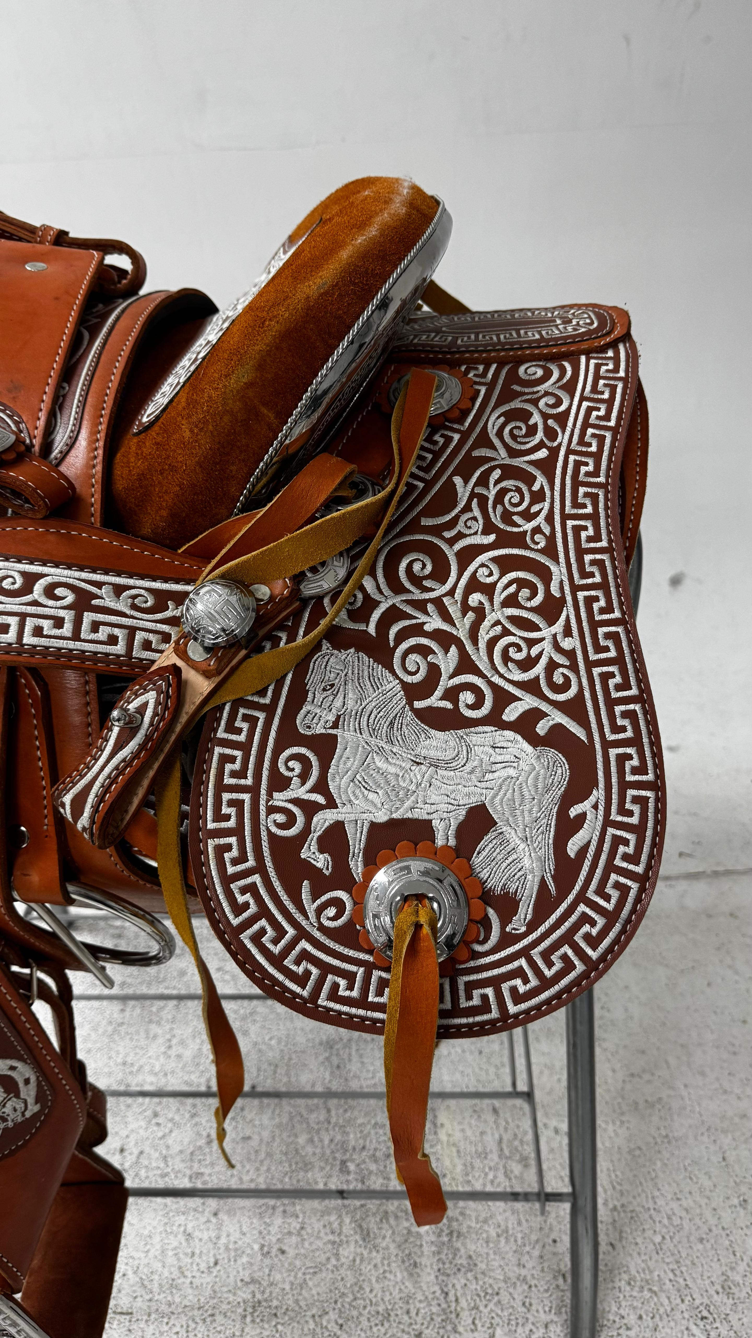 Charro Saddle – Tan Leather with Silver Engraved Plates (15.5”) “El Emperador”