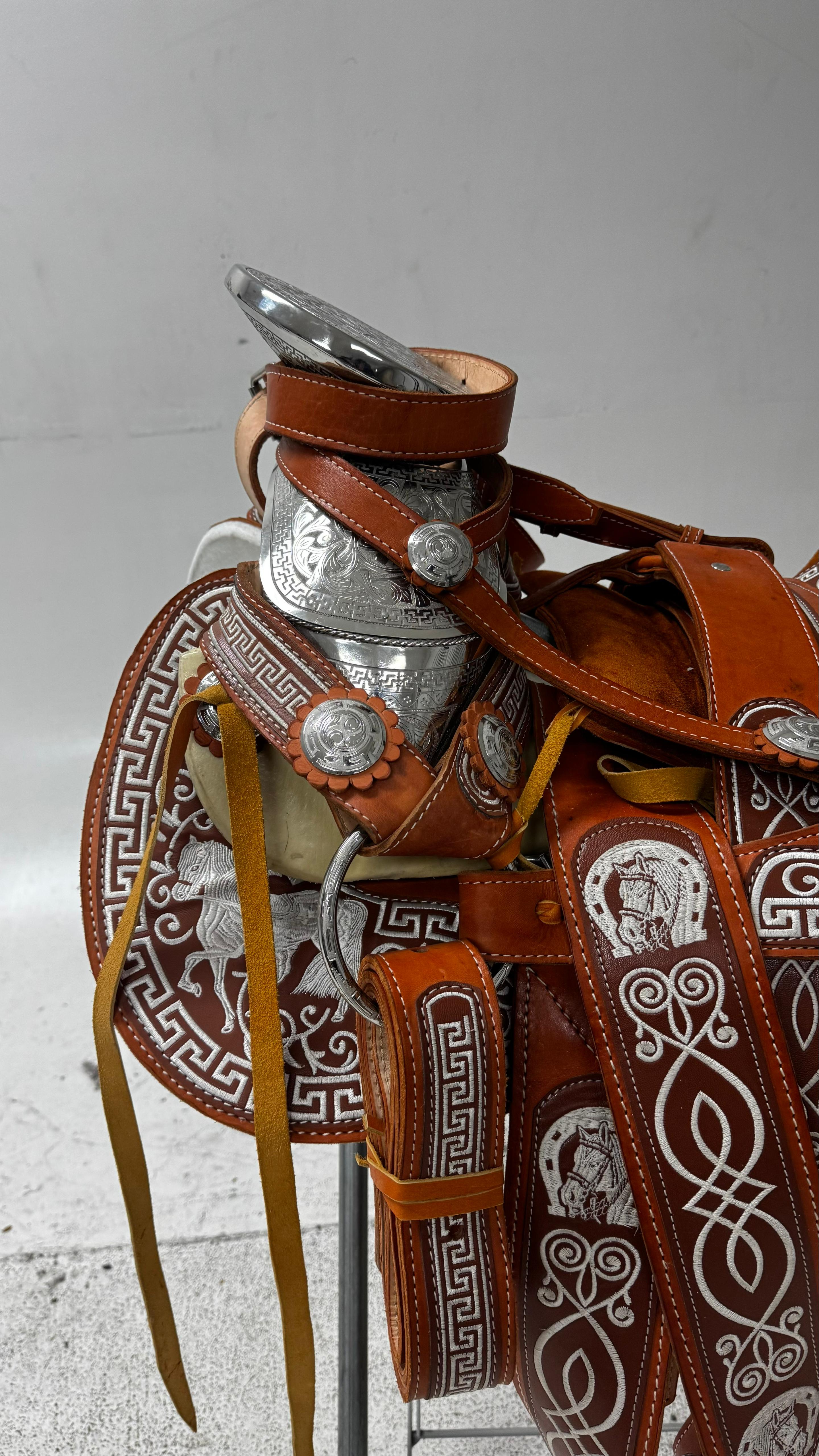 Charro Saddle – Tan Leather with Silver Engraved Plates (15.5”) “El Emperador”