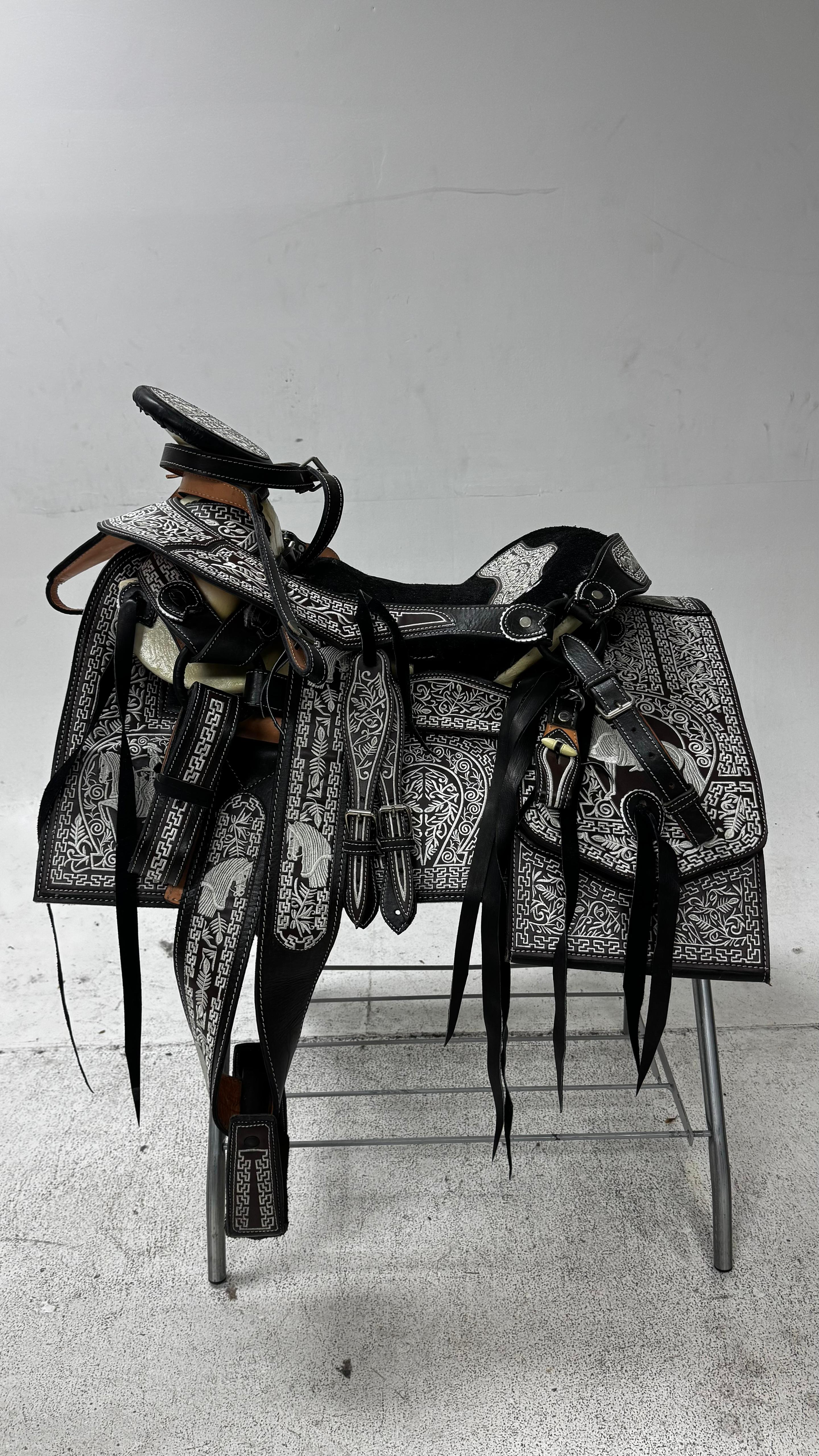 Charro Saddle – Black & Silver Embroidered Leather (15.5”) “El Eclipse”