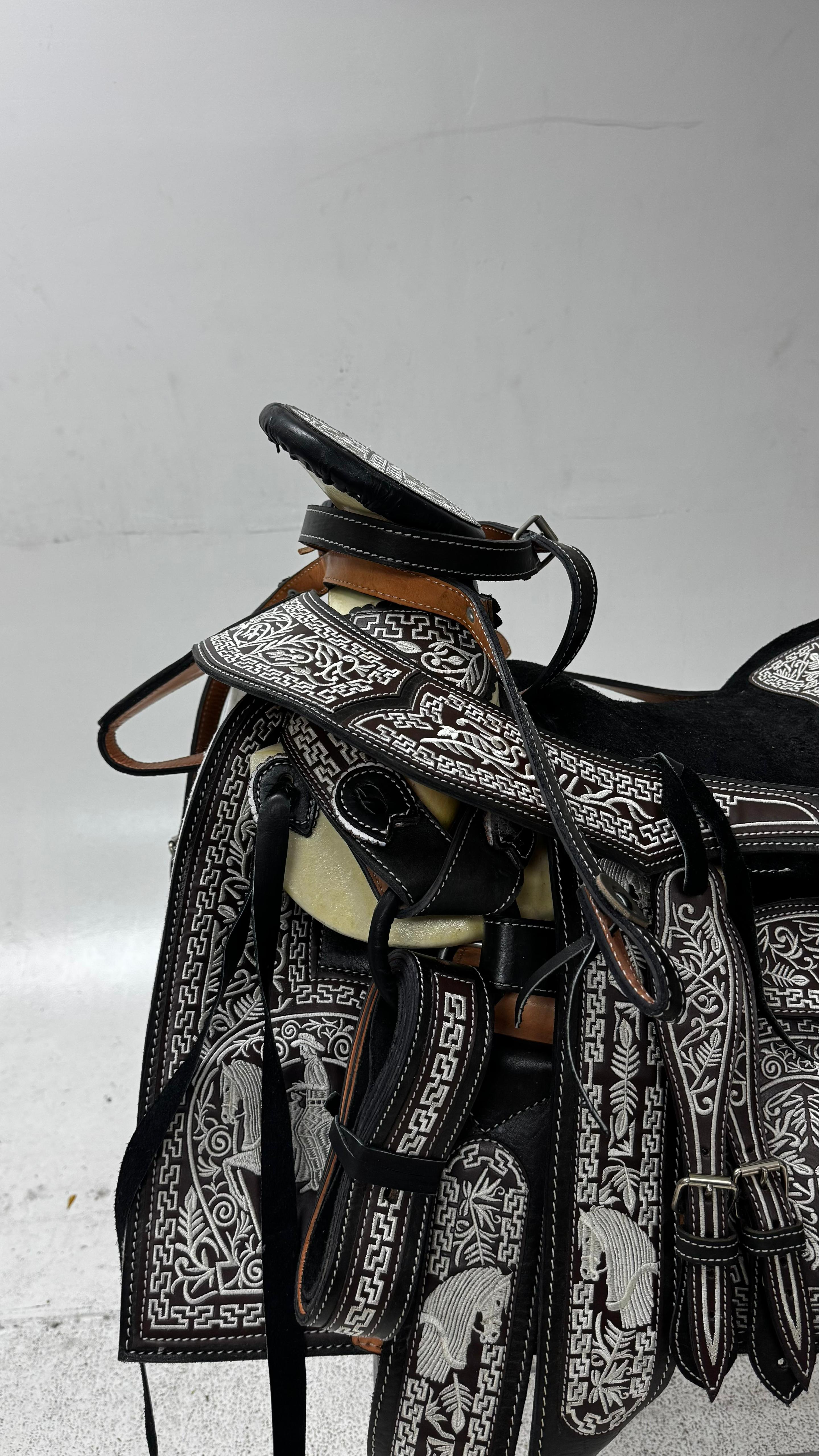 Charro Saddle – Black & Silver Embroidered Leather (15.5”) “El Eclipse”