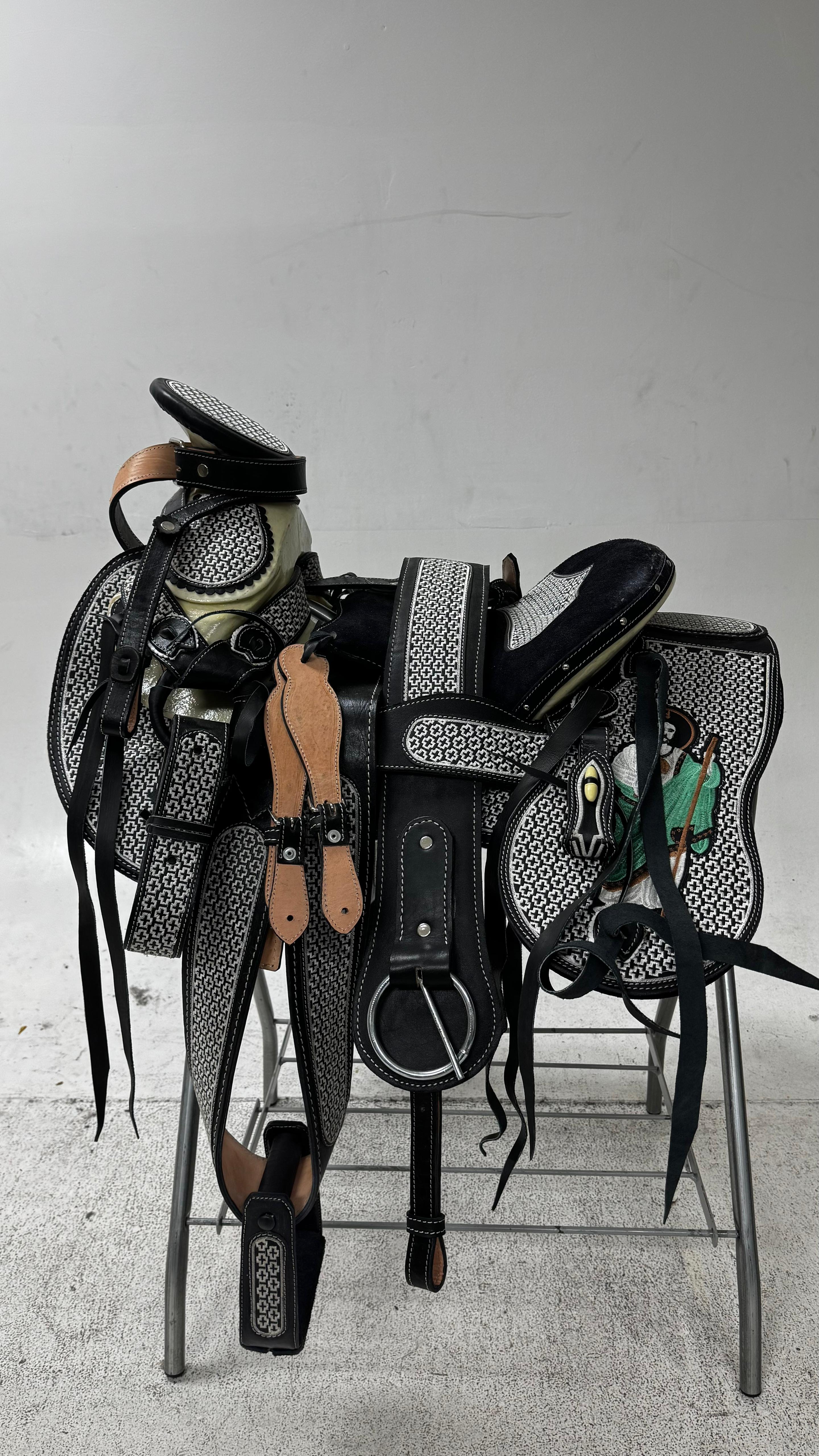 Charro Saddle – Black Suede with Silver Bordado & San Judas Embroidery (15.5”) “El Protector”