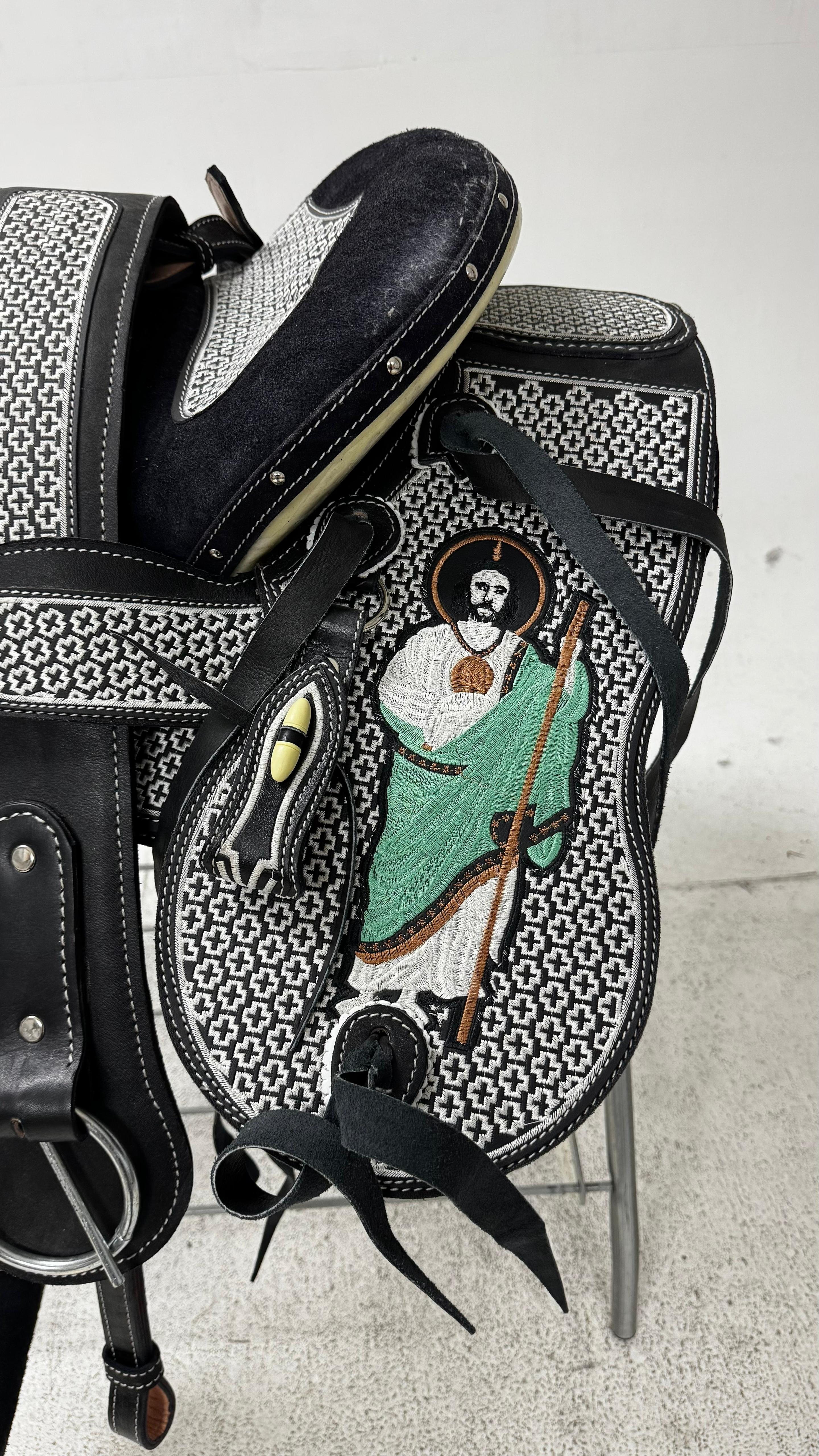 Charro Saddle – Black Suede with Silver Bordado & San Judas Embroidery (15.5”) “El Protector”