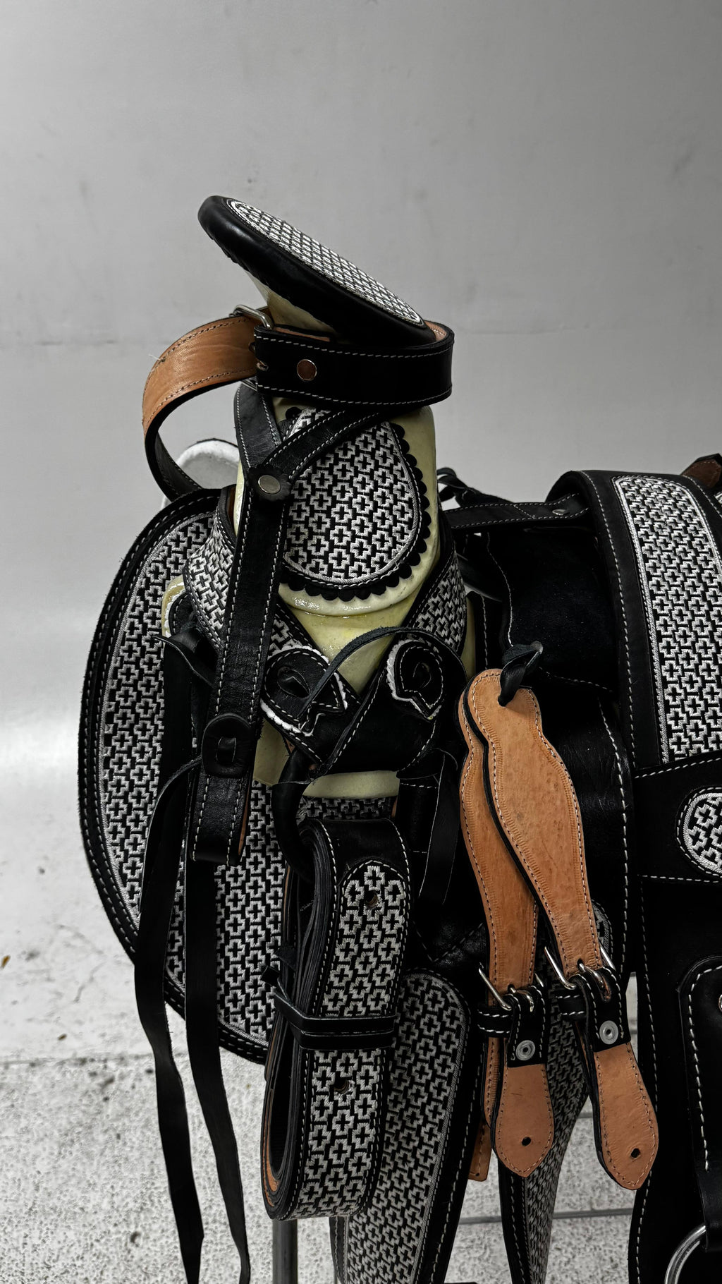 Charro Saddle – Black Suede with Silver Bordado & San Judas Embroidery (15.5”) “El Protector”