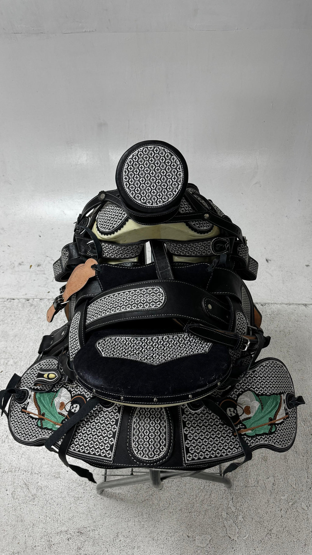 Charro Saddle – Black Suede with Silver Bordado & San Judas Embroidery (15.5”) “El Protector”