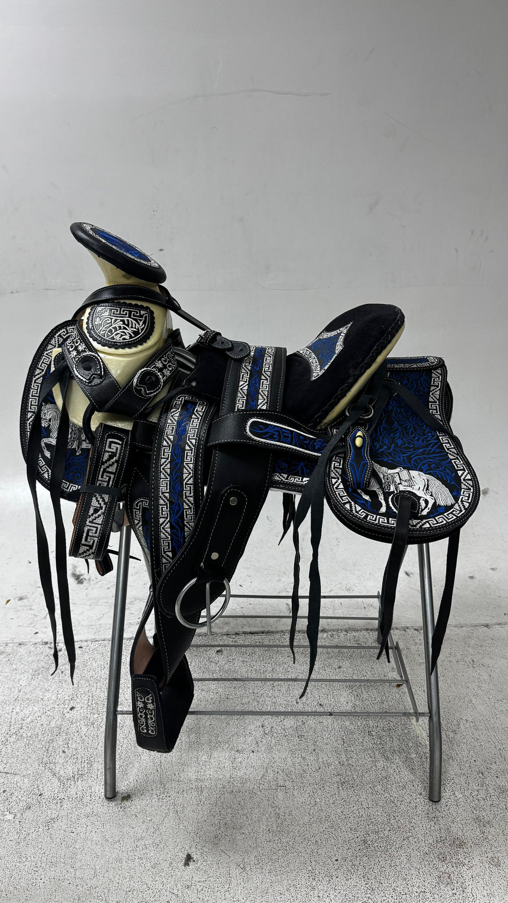 Charro Saddle – Black Suede with Royal Blue Embroidery (15.5”) “El Fénix Azul”