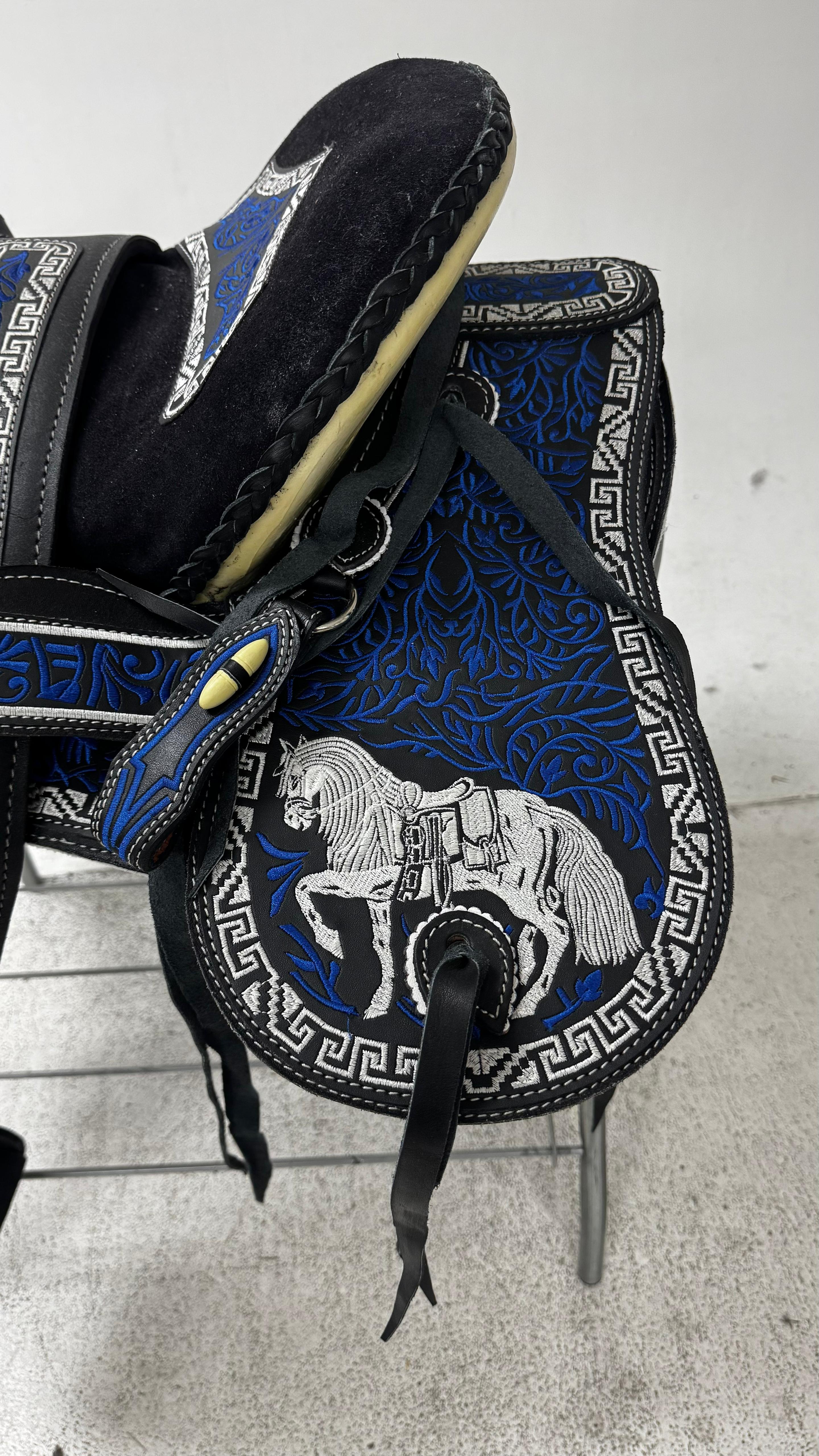 Charro Saddle – Black Suede with Royal Blue Embroidery (15.5”) “El Fénix Azul”