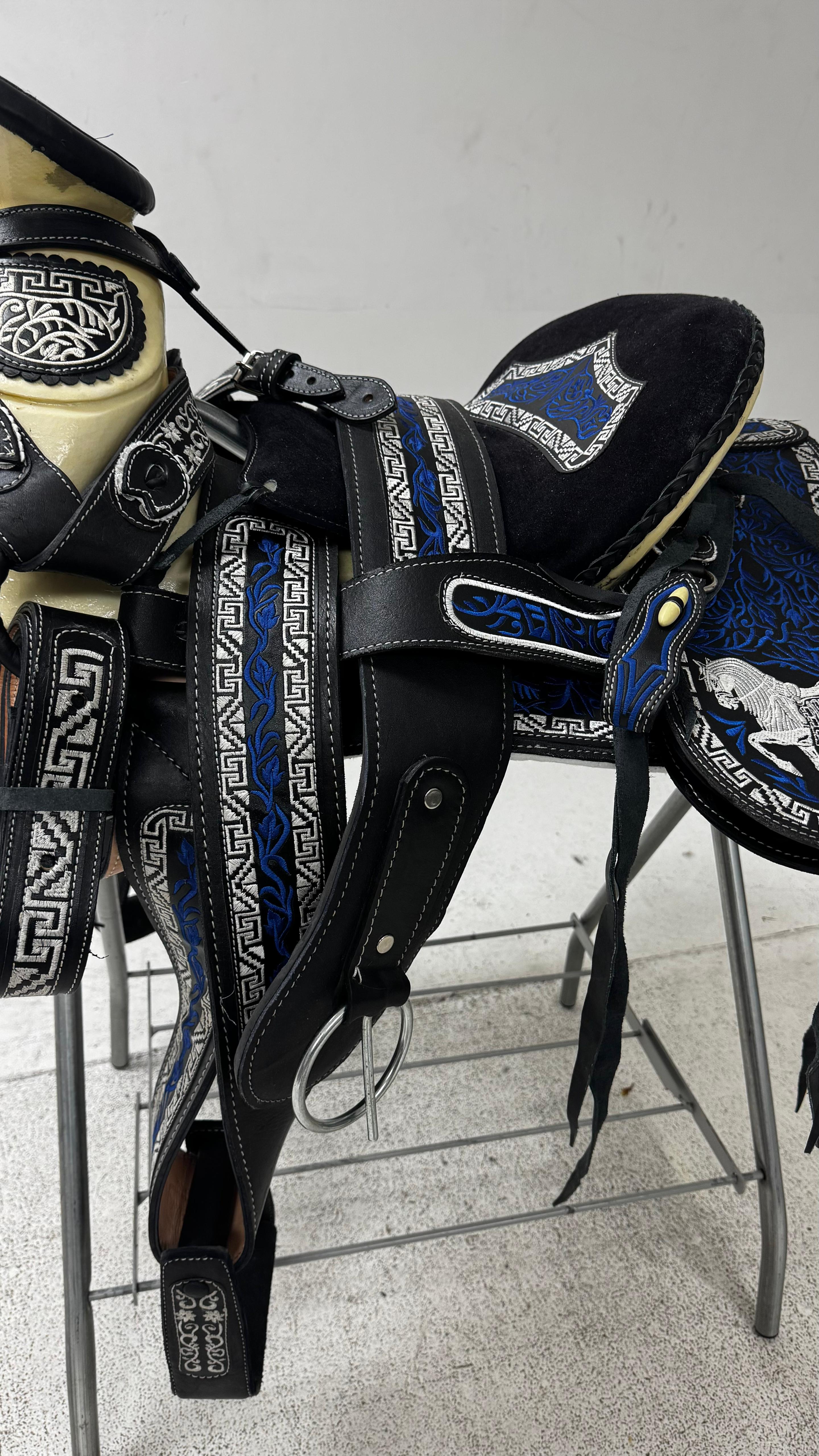 Charro Saddle – Black Suede with Royal Blue Embroidery (15.5”) “El Fénix Azul”