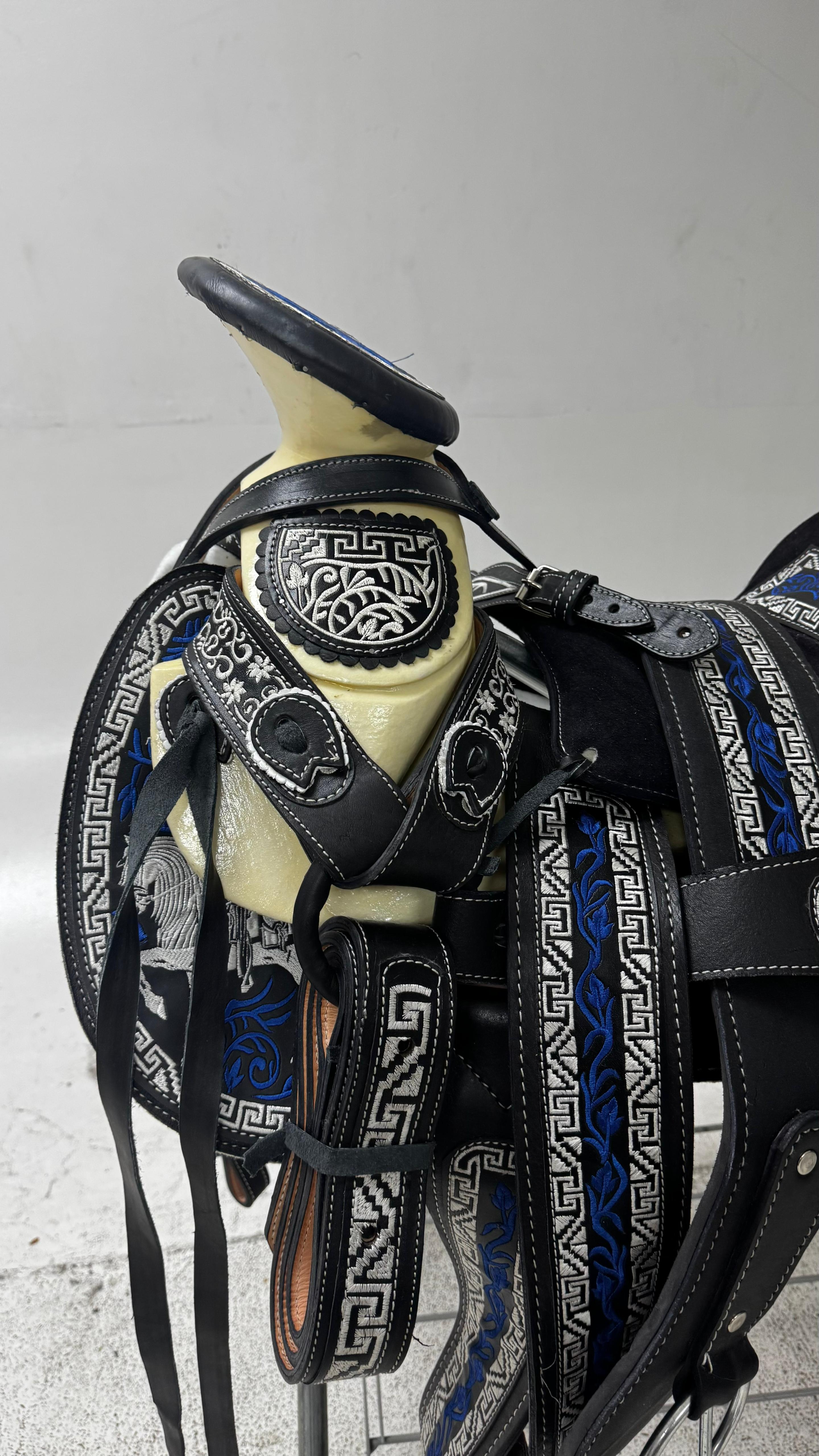 Charro Saddle – Black Suede with Royal Blue Embroidery (15.5”) “El Fénix Azul”