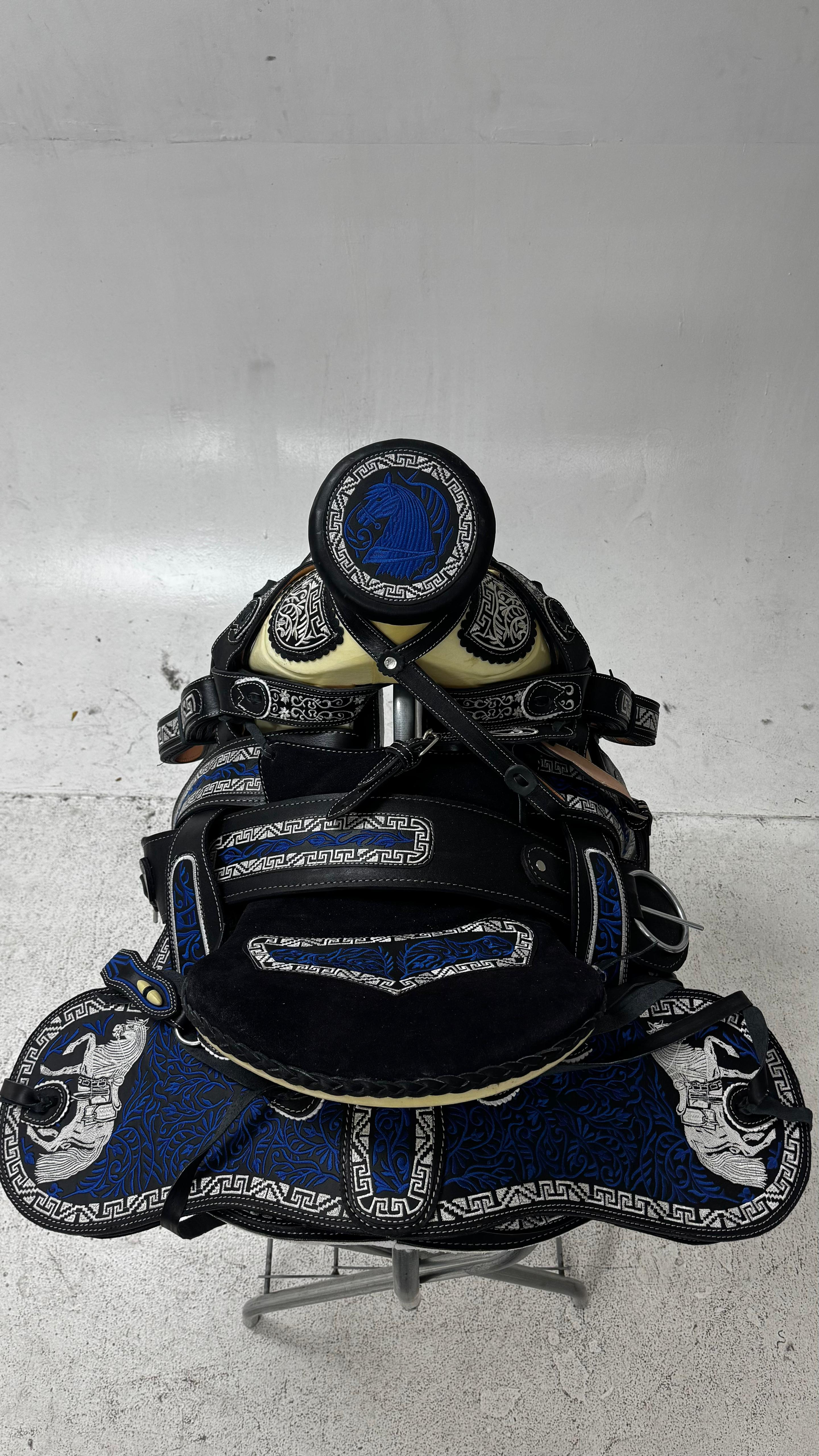 Charro Saddle – Black Suede with Royal Blue Embroidery (15.5”) “El Fénix Azul”