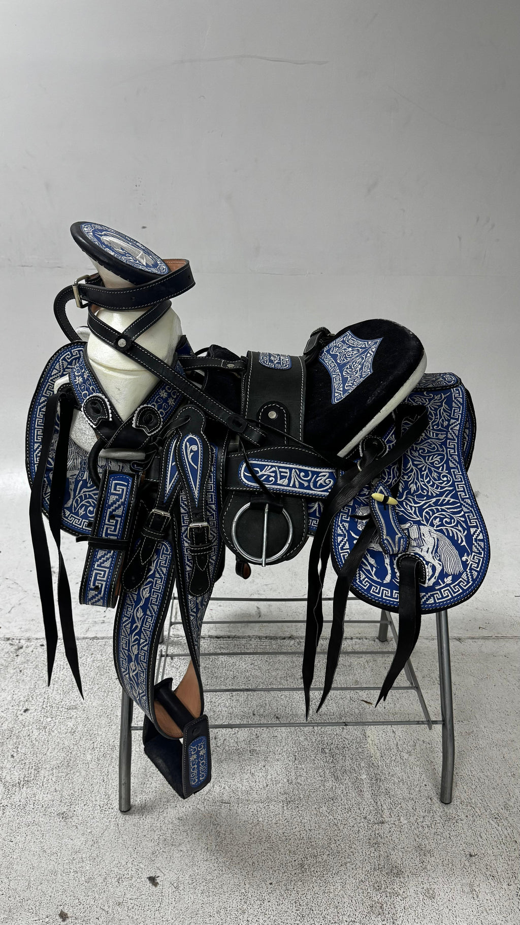 Charro Saddle – Black Suede with Blue & Silver Embroidery (15.5”) “El Relámpago Azul”